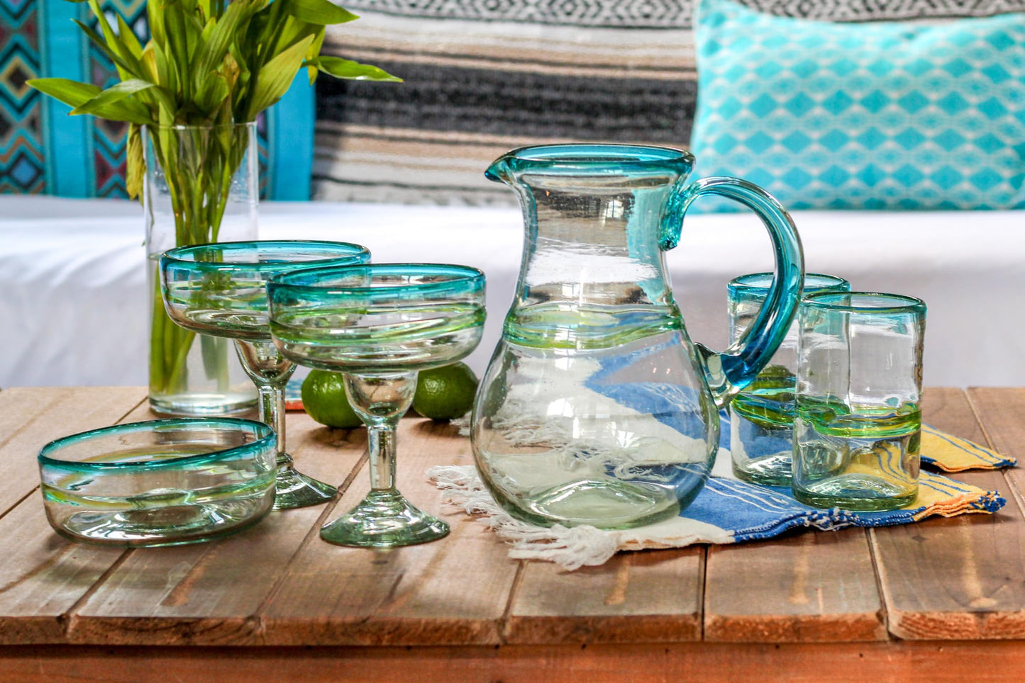 Mexican Glassware, Aqua Rims 16oz Margarita Glasses, Set of 2 Unique Hand Blown Glass, Handcrafted by Talented Artisans Thick & Sturdy Easy to hold