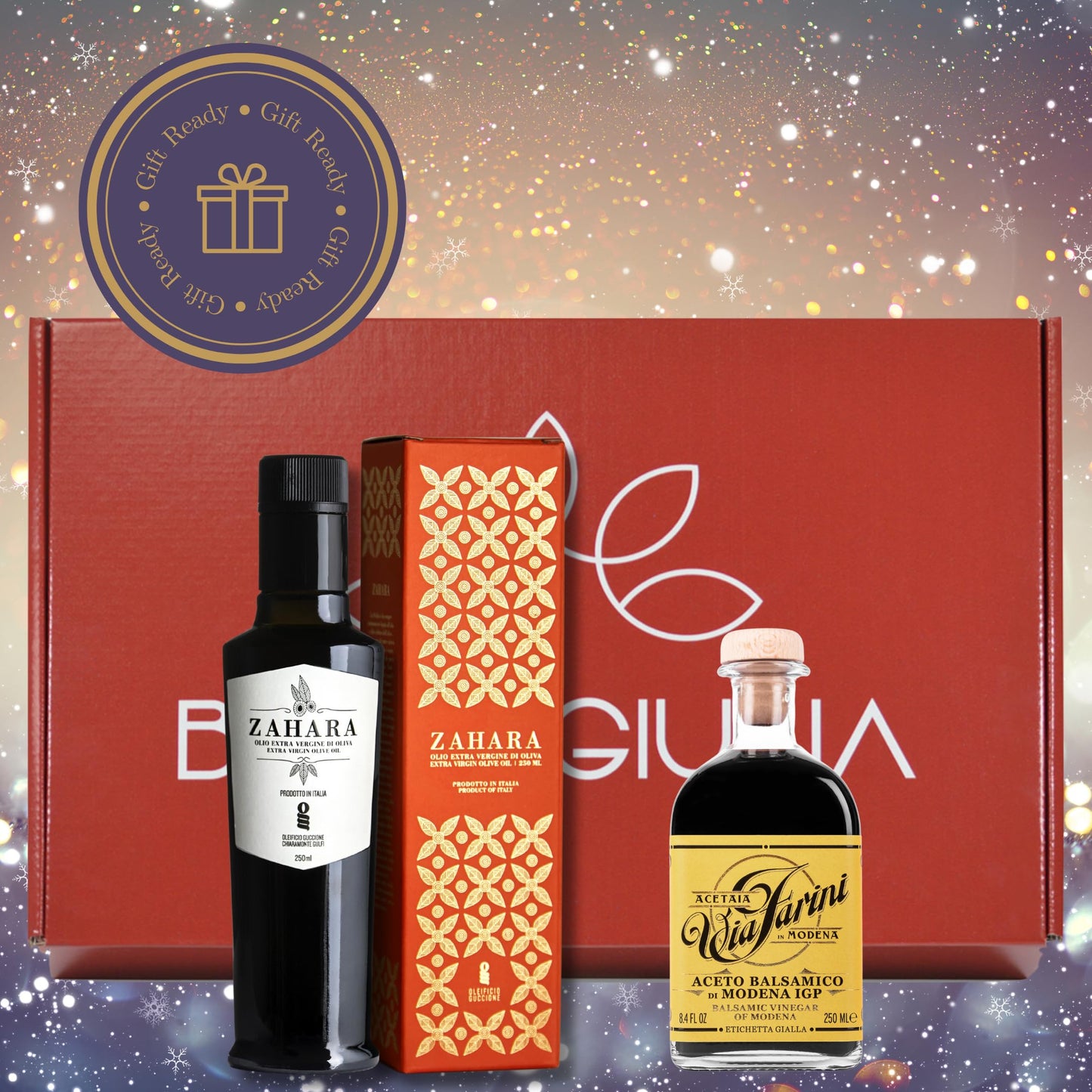 Brava Giulia Selections Gift Box | Premium Gourmet Italian Aged Via Farini Balsamic Vinegar Of Modena And Zahara Extra Virgin Olive Oil Imported From Italy