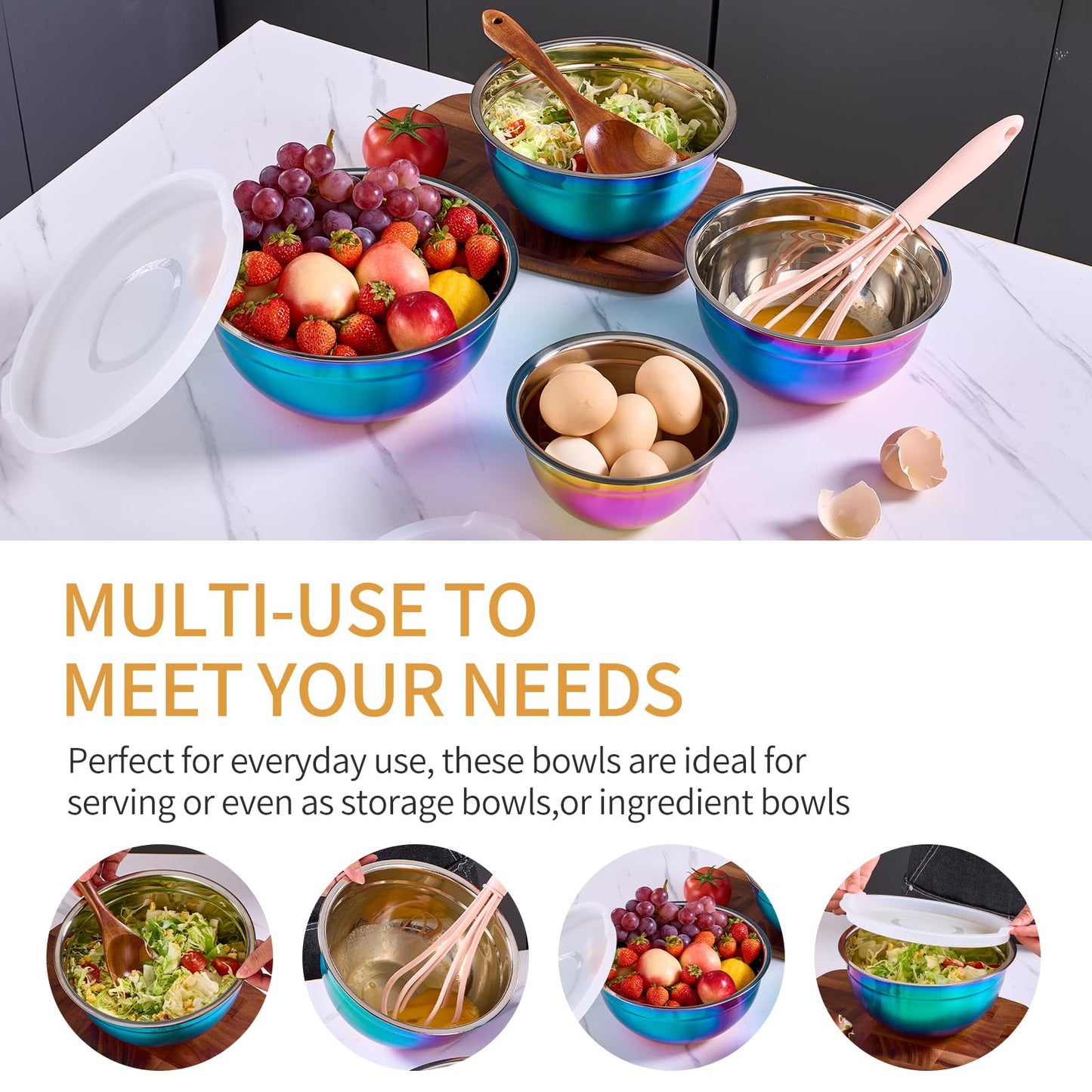 Moxinox Colorful Mixing Bowls with Airtight Lids, Stainless Steel Nesting Mixing Bowls Set of 7, Ideal for Baking, Prepping and Serving Food, Size 7, 3.6, 2.7, 2.1, 1.5, 1.1,0.8 QT, Stackable Design