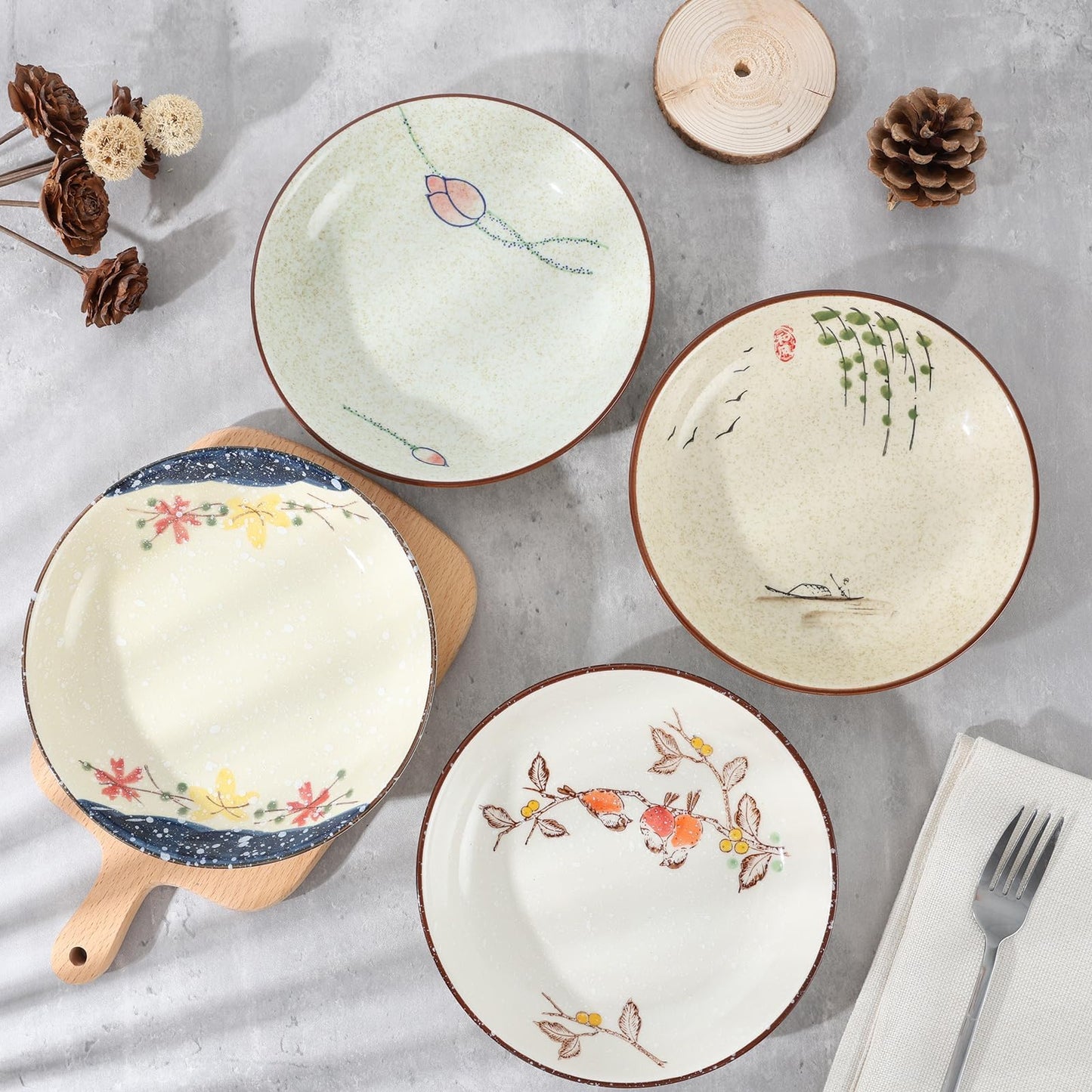 clothmile 7 Inch Japanese Retro Ceramic Dinner Plates Set of 4 Japanese Style Plates Asian Chinese Plates for Cereal, Soup, Dessert, Snack, Fruit, Salsa for Christmas Holiday Present