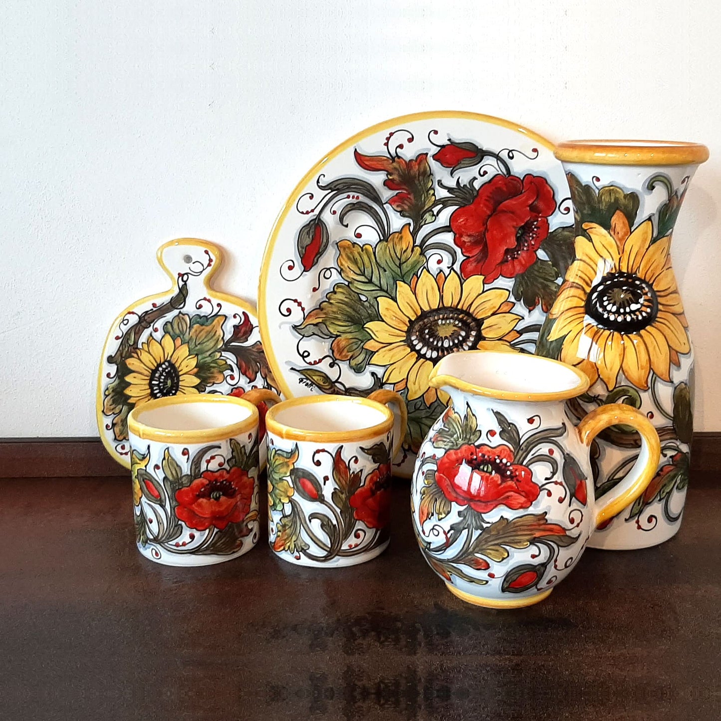 Italian Ceramic Serving Platter For Kitchen, Large Oval Serving Tray Hand Painted With Brush, Decoration With Sunflower Poppies, Produced By Giotti Ceramiche Made In Italy, Handmade Pottery