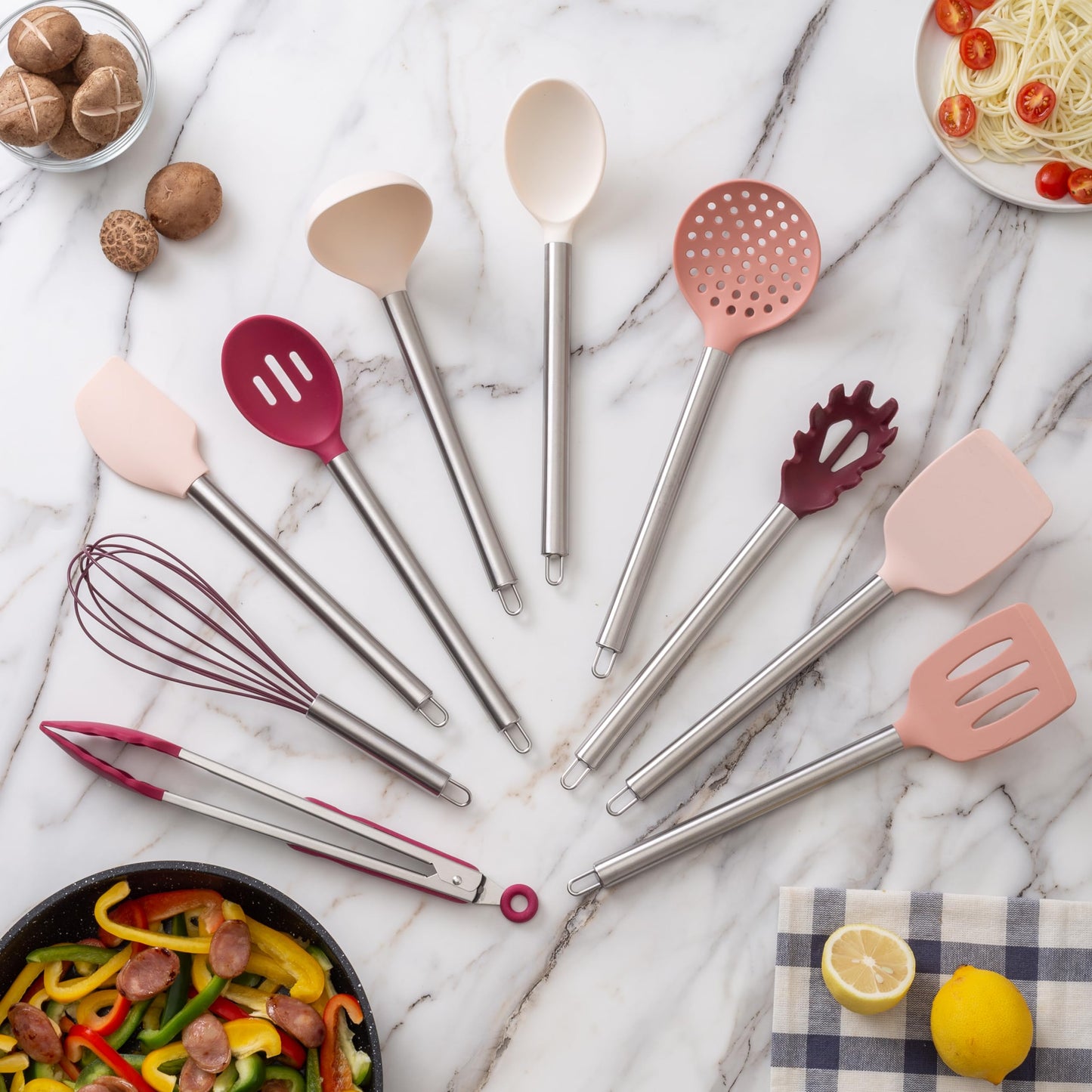 Rose COOK WITH COLOR Silicone Cooking Utensils, Kitchen Utensil Set, Easy to Clean Silicone Kitchen Utensils, Cooking Utensils for Nonstick Cookware, Kitchen Gadgets Set, 10 Pieces, Rose