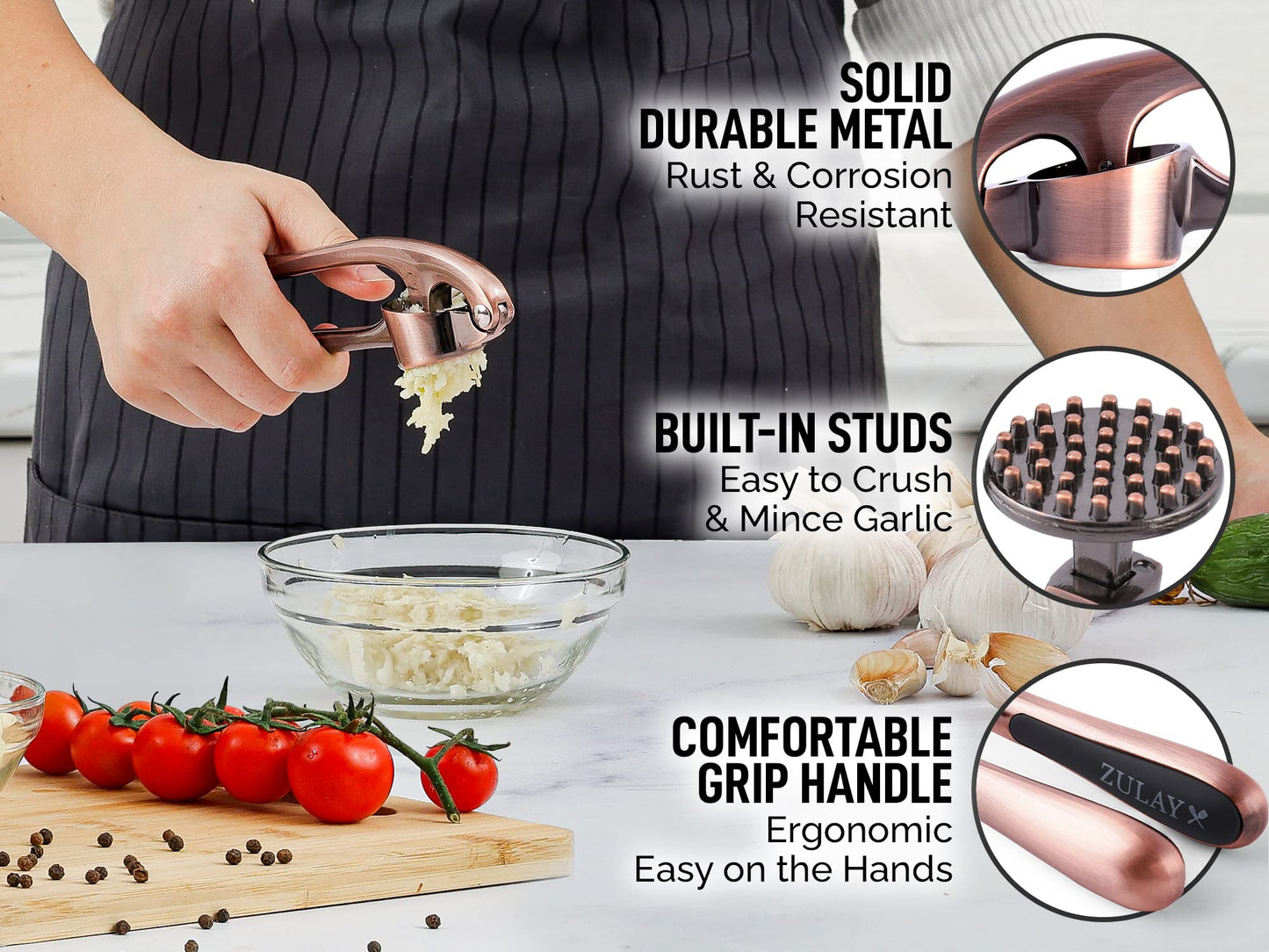 Zulay Kitchen Premium Garlic Press Set - Rust Proof and Dishwasher Safe Professional Garlic Mincer Tool - Easy-Squeeze, Easy-Clean with Soft, Ergonomic Handle - Silicone Garlic Peeler and Brush (Copper)