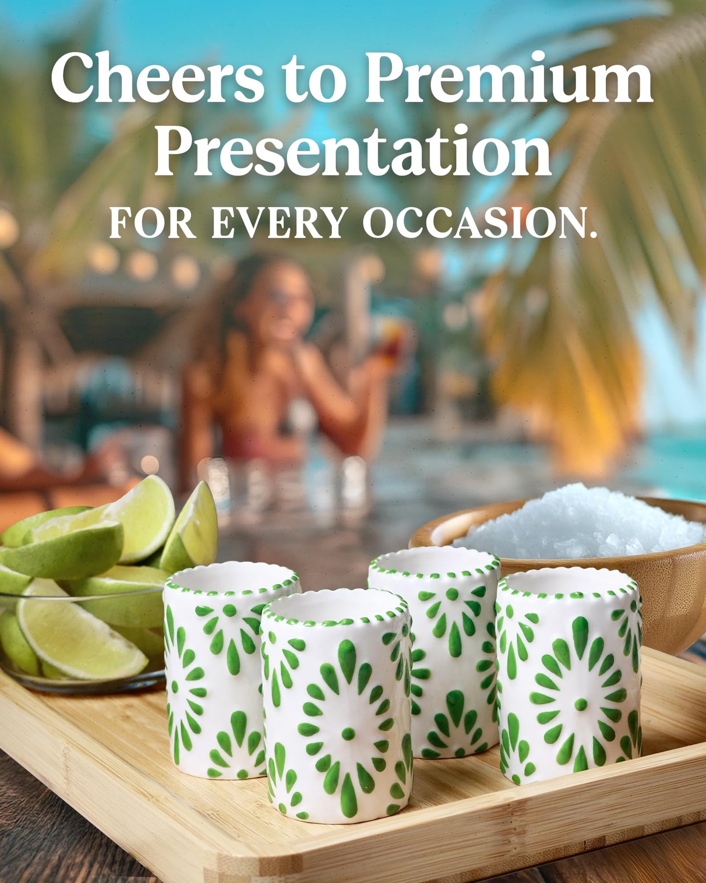 MEZCASA Talavera Shot Glasses — 100% Handmade Ceramic Tequila Shot Glasses with Talavera Mexican Pottery Design — Perfect Tequila Gifts for Women & Men for Any Occasion (GREEN | SET OF 4)