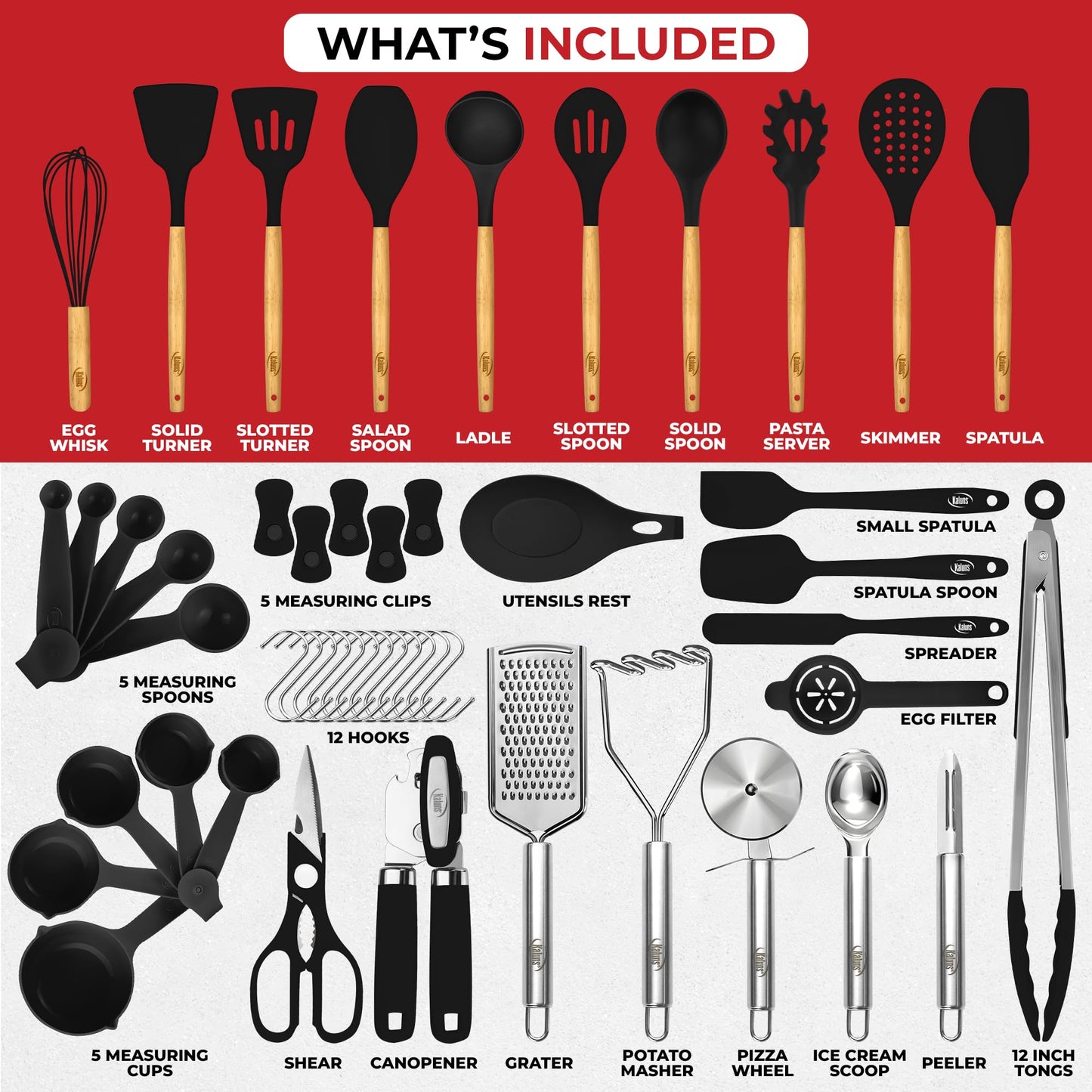 Black 50-Piece Silicone Kitchen Utensils Set - Mothers's Day Gifts for Mom Wife Complete Kitchen Set 800°F Heat-Resistant Non-Stick Premium Silicone Cooking Utensils W Wooden Handles Gifts For Mothers