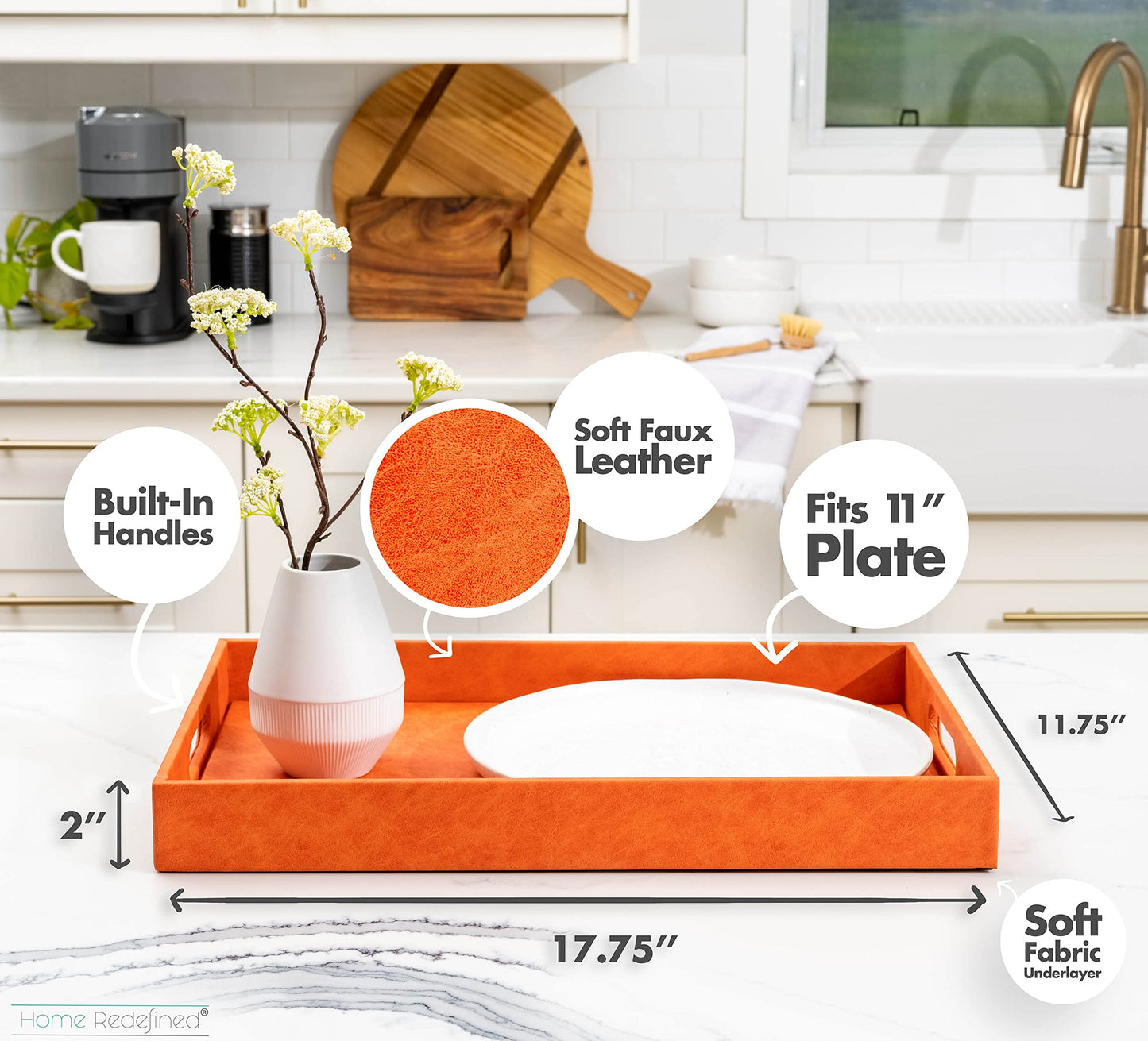 Home Redefined Beautiful Modern Elegant 18"x12" Rectangle Orange Faux Leather Decorative Tray Ottoman Coffee Table Perfume Living Room Kitchen Serving Tray with Handles for All Occasion's