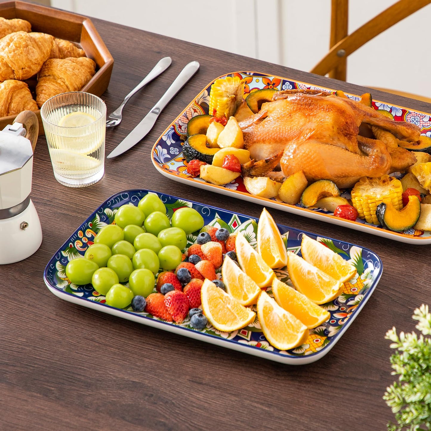 Set of 3 Colorful Bohemian Serving Platters, 16"/14"/12" Inch Rectangular Trays - Serving Platter Extra Large, Bohemian Ceramic Serving Dish for Entertaining Food, Microwave & Dishwasher Safe, Colorful