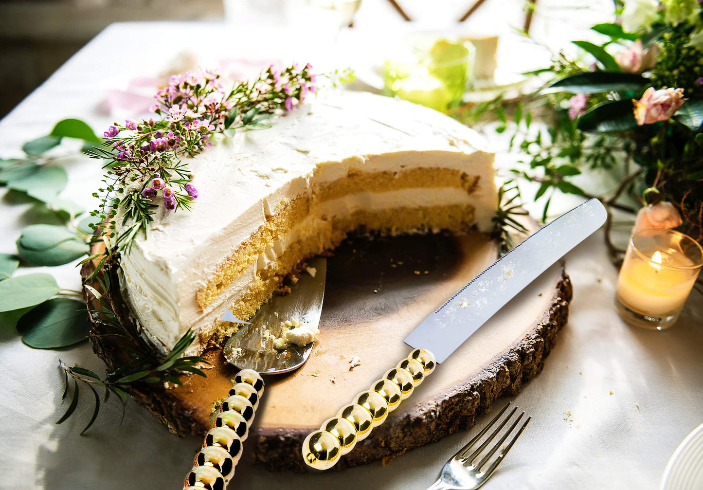 Homi Styles Wedding Cake Knife and Server Set | Elegant Gold Color With Beaded Handles and Premium 420 Stainless Steel Blades | Cake & Pie Serving Set for Wedding Cake, Cake Cutter, Gift