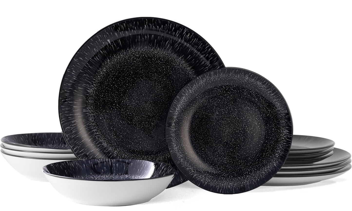 Bestone Plates and Bowls Sets,12 Pieces Round Porcelain Dinnerware Sets,Dishes, Plates, Dishware Sets,Chip Resistant Ceramic Dish Set Dining Dinner Ware Service for 4,Starry Sky Black