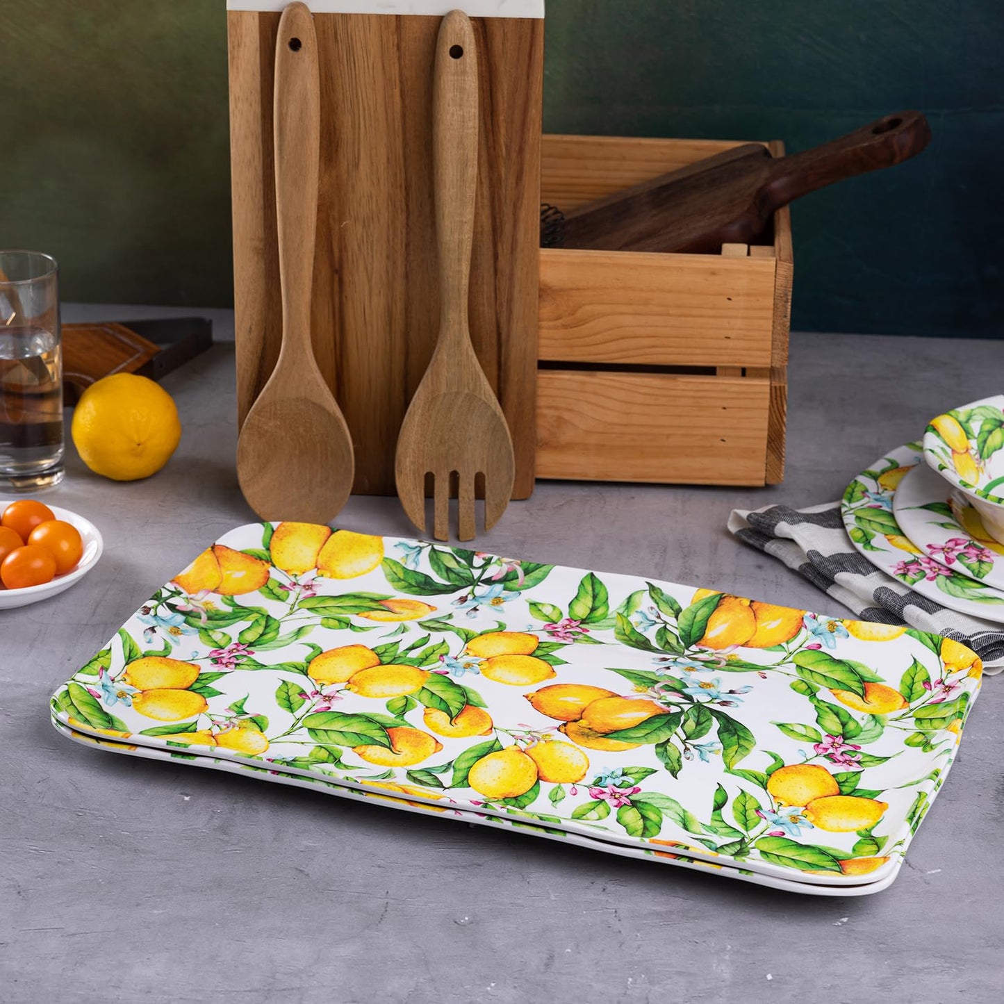 Lemon Print Large, Rectangular Melamine Tray/Platters, Set of 2, 17.5" x 10", 2-Piece Melamine Platters Serving Set, Dishwasher Safe