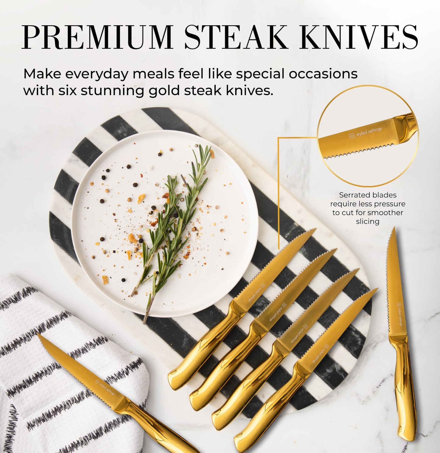 Black and Gold Knife Set with Block – 14-Piece Ultra-Sharp Full Tang Knives with Self-Sharpening Knife Block – Stylish Black and Gold Kitchen Accessories and Decor