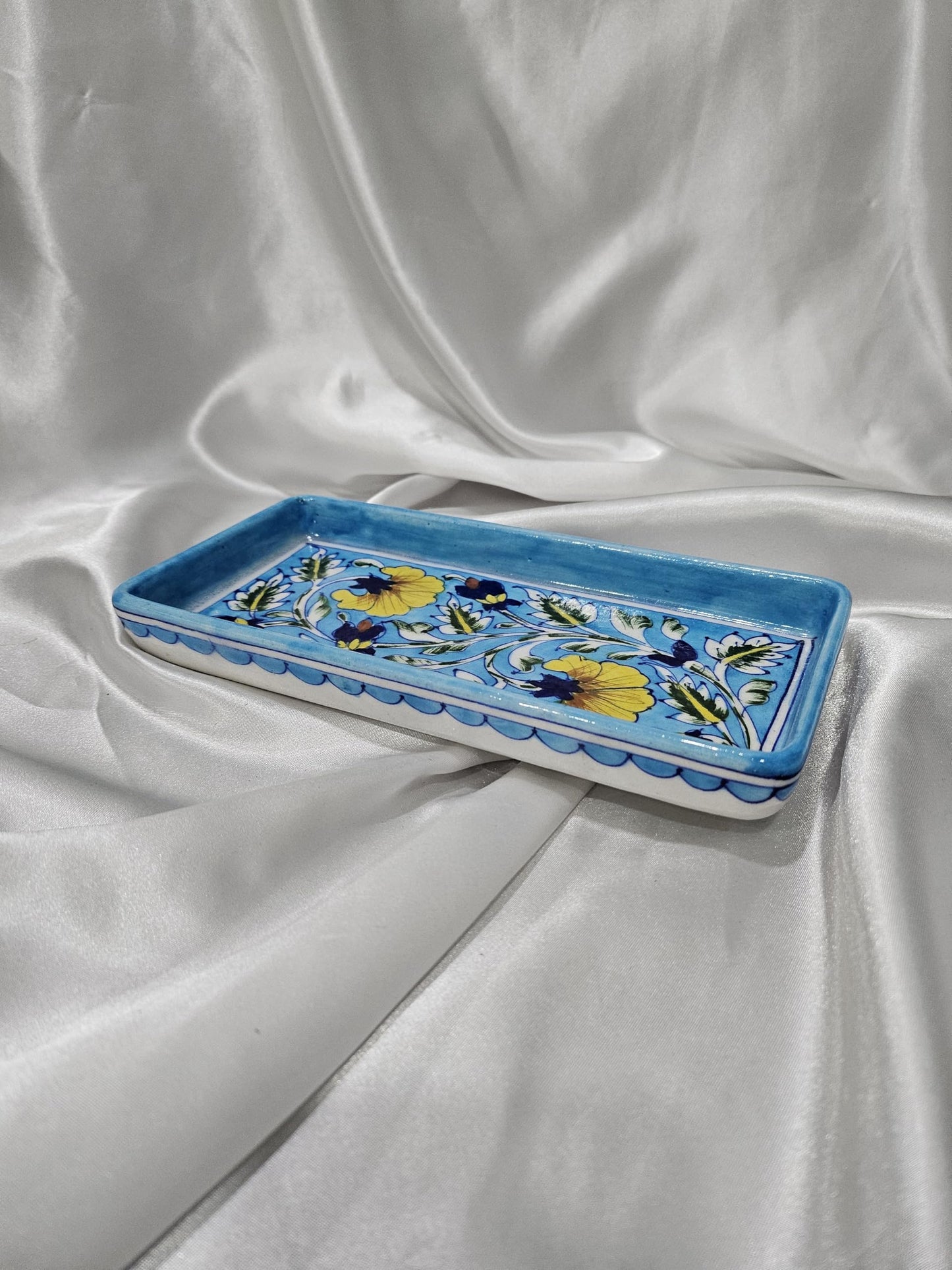 Tradition Treasure Azure and Sunburst Serving Platters Hand-Painted Ceramic Serving Dinner Plate Set of 2 – Sky Blue and Yellow Rectangle Trays for Main Meals, Tacos, Lunches, Snacks, Platters-8.5” x 5”
