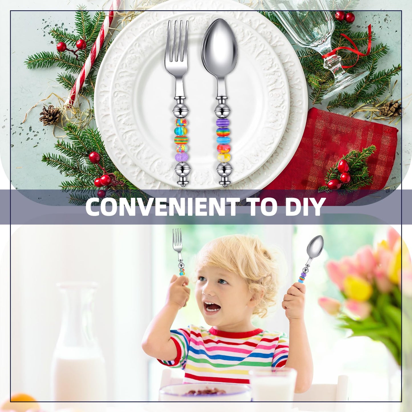 6-Piece Beadable Spoon Fork Set with 50 Assorted Large Hole Beads Stainless Steel Spoons and Forks, 3 Cute Spoons 3 Dinner Forks Bead Dessert Spoon for Party Favors DIY Project Bead Project