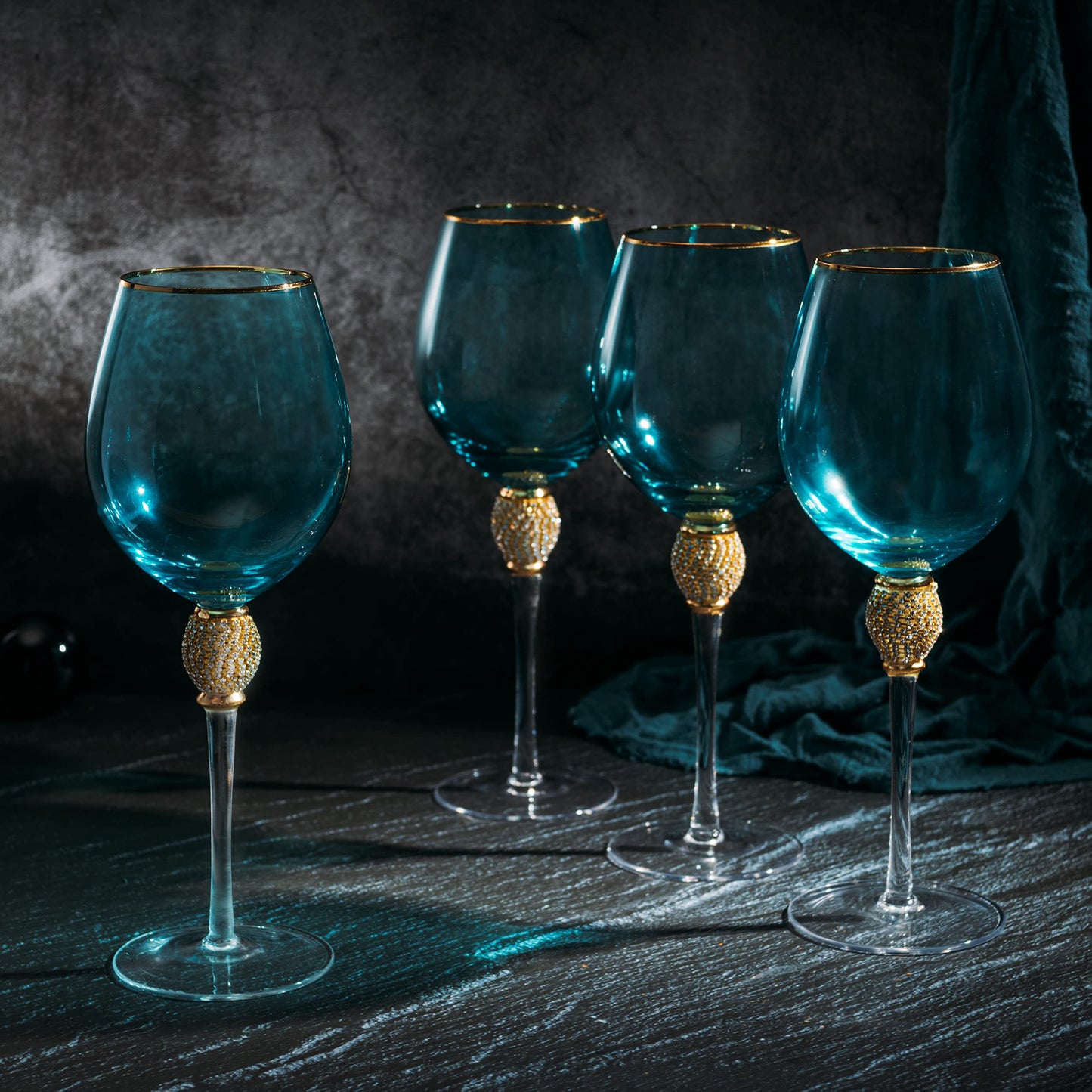 Large Blue Diamond Wine Glasses, Winter & Weddings, 10" H Gold Rim Rhinestone DIAMOND Studded Glasses - Wedding Glasses - 18oz, Premium Bling Designed Glassware, Crystal Long Stem Glass