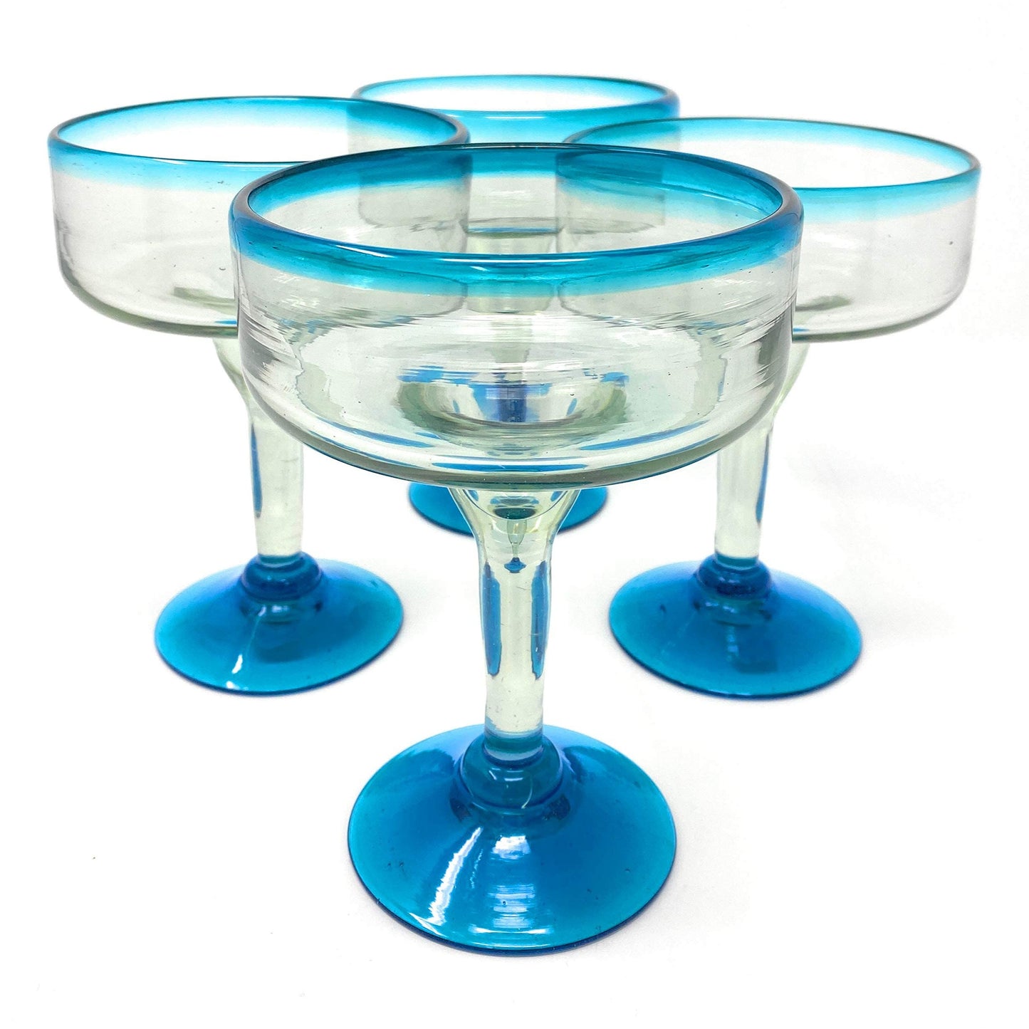 Mexican Hand-Blown Glass – Set of 4 Hand Blown Margarita Glasses (16 oz.) with Aqua Blue Rims