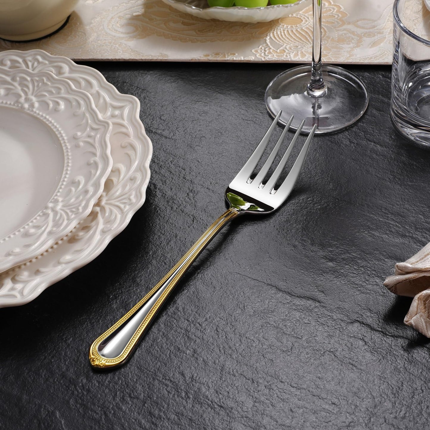 KEAWELL Pearl Edge Premium Hostess Serving Utensils Set, 18/10 Stainless Steel, 9" Fine Hostess Utensils with Refined Bead Design, Brightly Polished, Gold Accent, Dishwasher Safe (Hostess Serving Set)