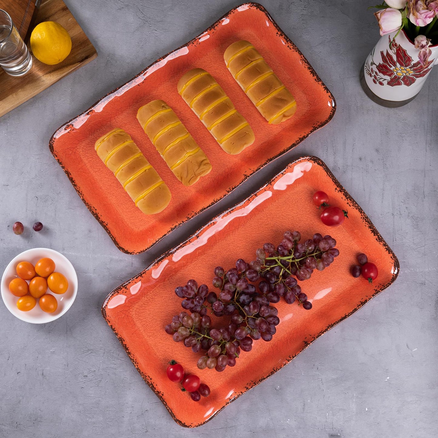 Tangerine Melamine Serving Tray/Platters Set of 2, 17.5" x 10", 2-Piece Large Rectangular Melamine Platter Set for Serving Food, Orange