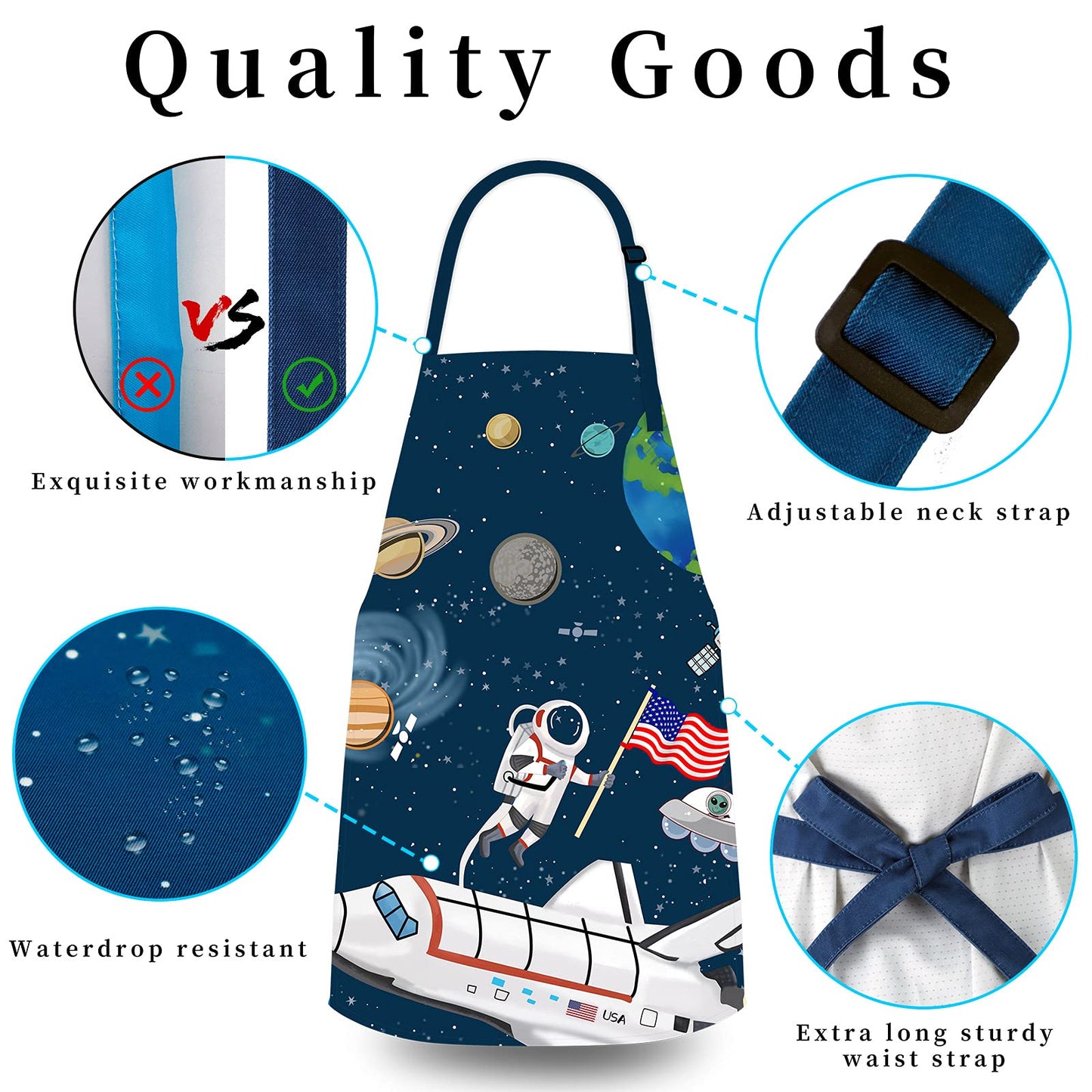 Kids Apron for Cooking or Crafts with Adjustable Neck Strap - Beach, Space or Dinosaur Theme
