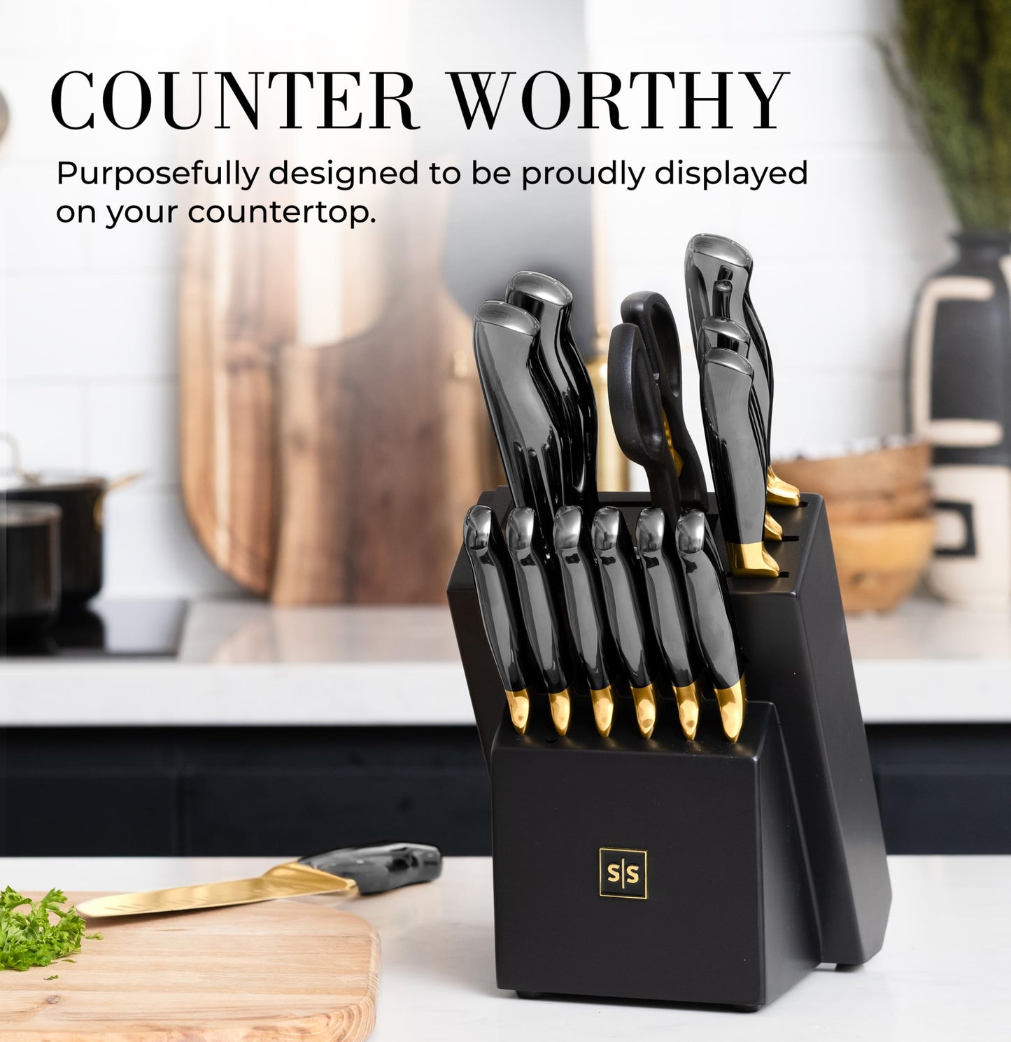 Black and Gold Knife Set with Block and Sharpener – 14-Piece Full Tang Golden Knives with Self-Sharpening Knife Block – Gold Kitchen Accessories for Cooking and Prepping; Ideal for Gifting