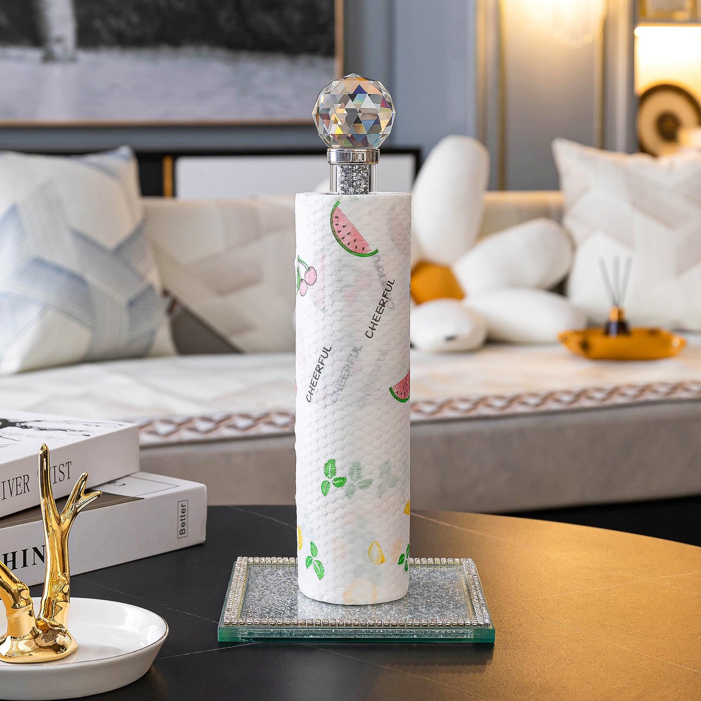Hochance Silvery Crystal Standing Paper Towel Roll Holder Countertop Weighted Rack,Glam Cute Bling Rhinestone Jeweled Diamonds Modern Decoration Christmas Housewarming Gifts for Kitchen Home Bar