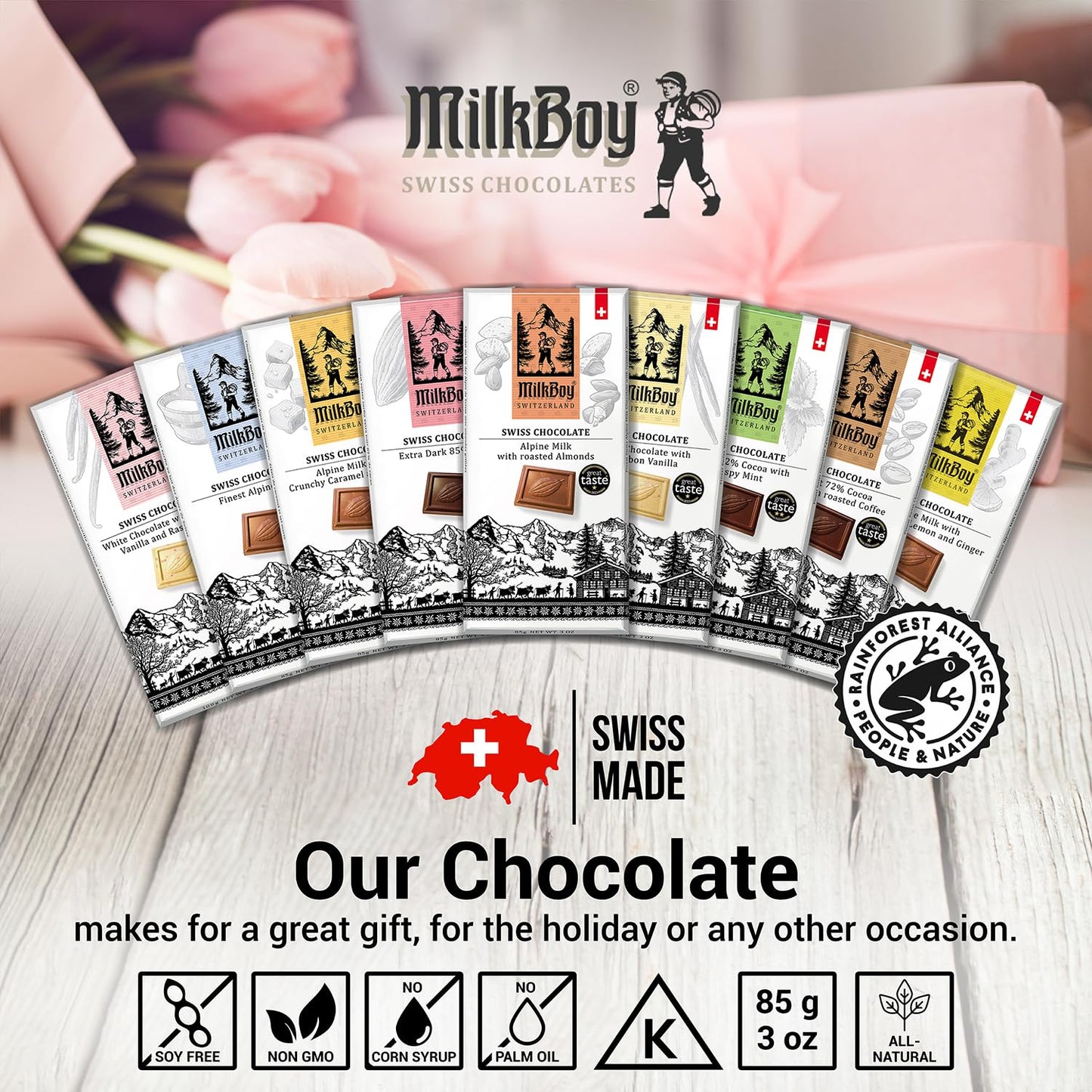 Milkboy Swiss Gourmet Milk Chocolate Bars - Dark Chocolates - White Chocolate Bar - Premium Handmade Chocolate Variety - Kosher - GMO Free - Chocolates Candy - (Pack of 5)