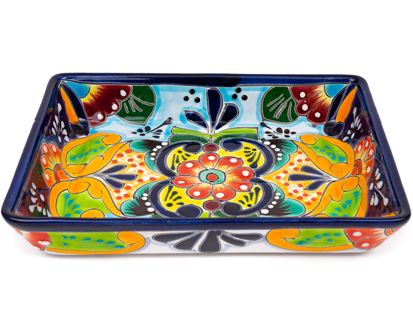 Enchanted Talavera Pottery Hand Painted Ceramic Rectangle Serving Platter Dish Appetizer Plate Tray Food Mexican Floral Pattern Party Fiesta Thanksgiving Jewelry Holder (Medium 9.5 x 7.5 x 1.75)