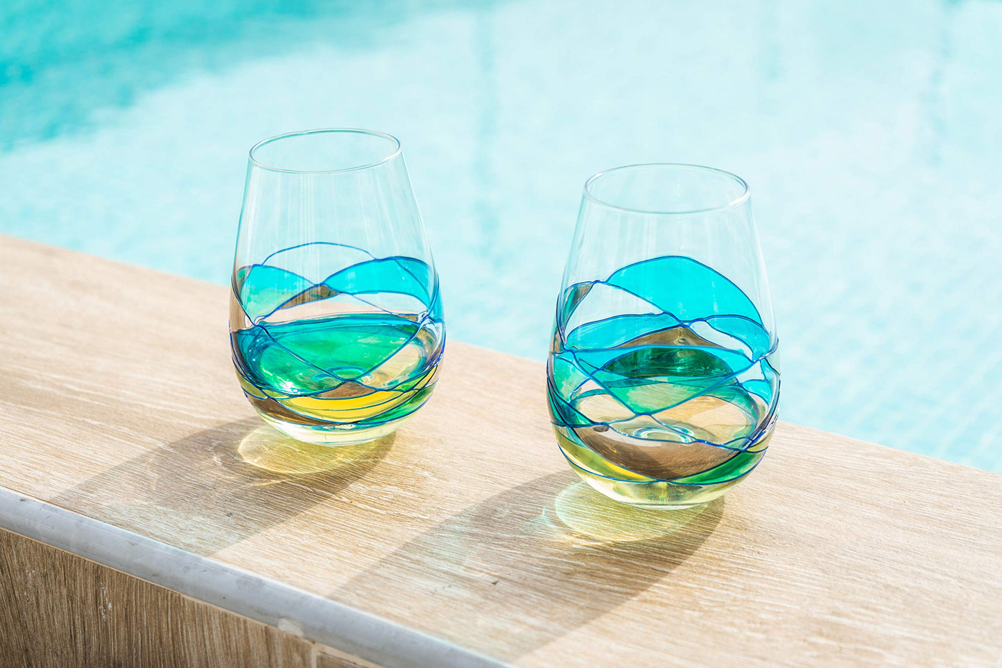 Handblown Antoni Barcelona Stemless Wine Glasses Set of 2 (21 Oz.) - Handblown & Handmade, Painted Blue Wine Glass, Gifts for Women, Birthdays, Anniversaries, and Weddings - 2 Unit (Set 2)