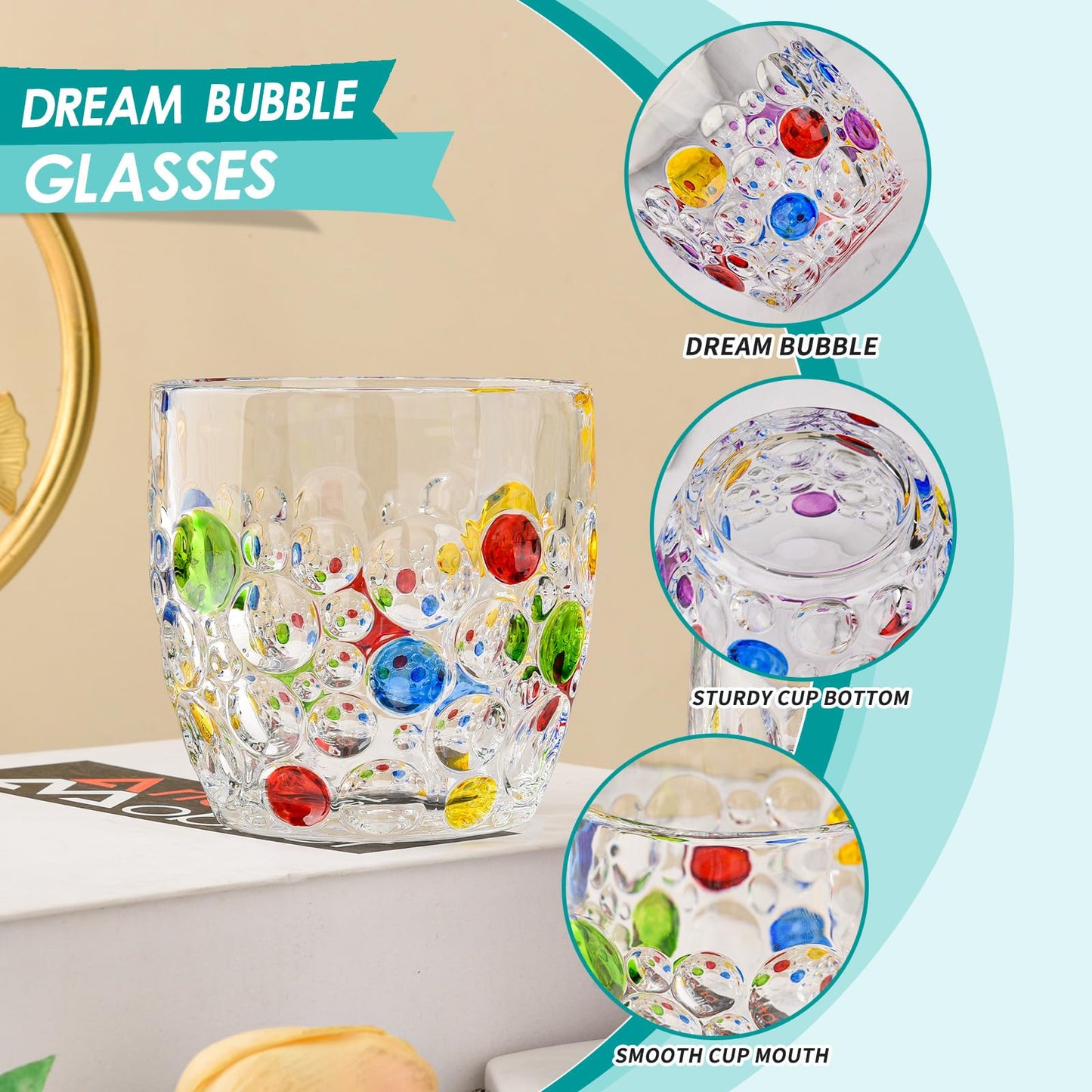 Colorful Bubbly Drinking Glasses Set of 2, 11 oz. (330 ml), Stemless Champagne Glasses, Cocktail Glasses, Stemless Wine Glasses, Iced Tea Mugs, Heavy Duty Glasses For Women (Classic)
