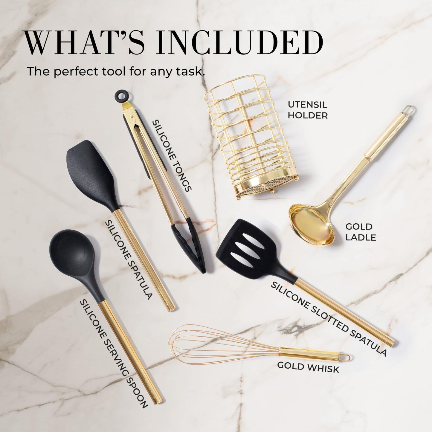 Styled Settings Black and Gold Cooking Utensils Set - 7-Piece Silicone Utensils Set Include Spatula Holder for Nonstick Cookware and Modern Kitchens - Stylish Black and Gold Kitchen Accessories