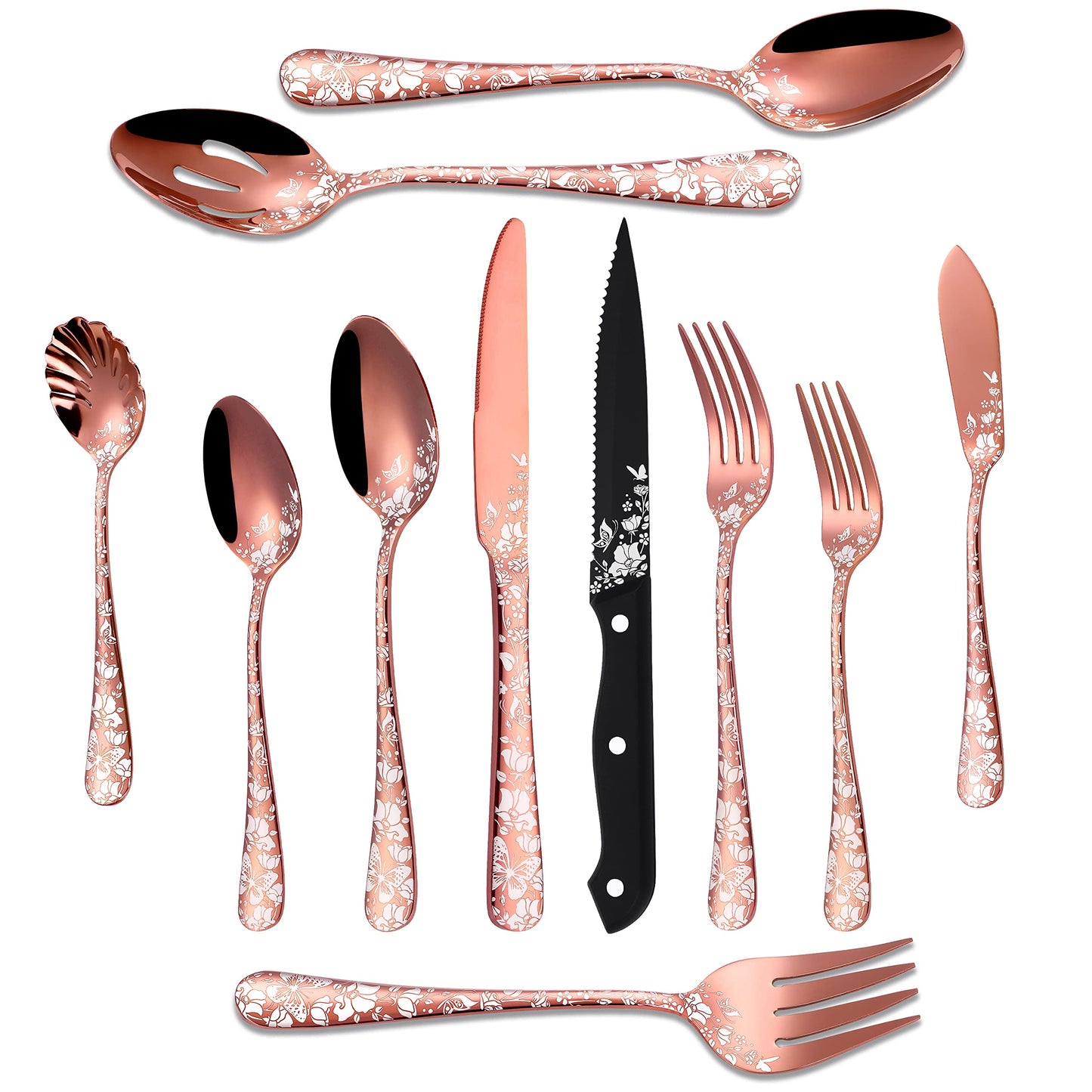 53-Piece Copper Silverware Set with Serving Utensils for 8, Stainless Steel Rose Gold Flatware Cutlery Set, Mirror Eating Utensils Tableware with Butterfly Flower Laser, Dishwasher Safe