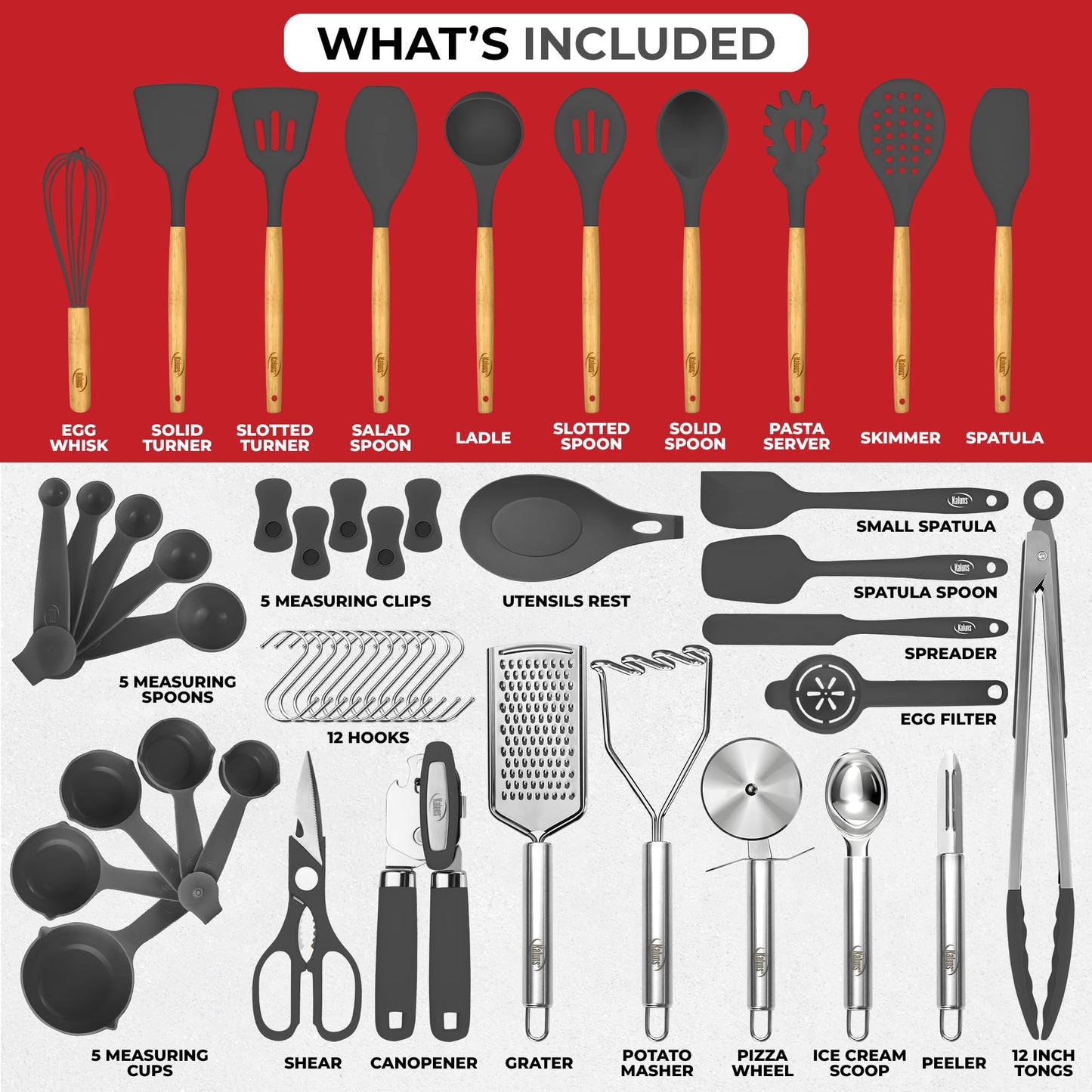50-Piece Silicone Kitchen Utensils Set - Mothers's Day Gifts for Moms and Wives and Dads and Husbands - Complete Kitchen Set 800°F Heat-Resistant Non-Stick Premium Silicone Cooking Utensils with Wooden Handles