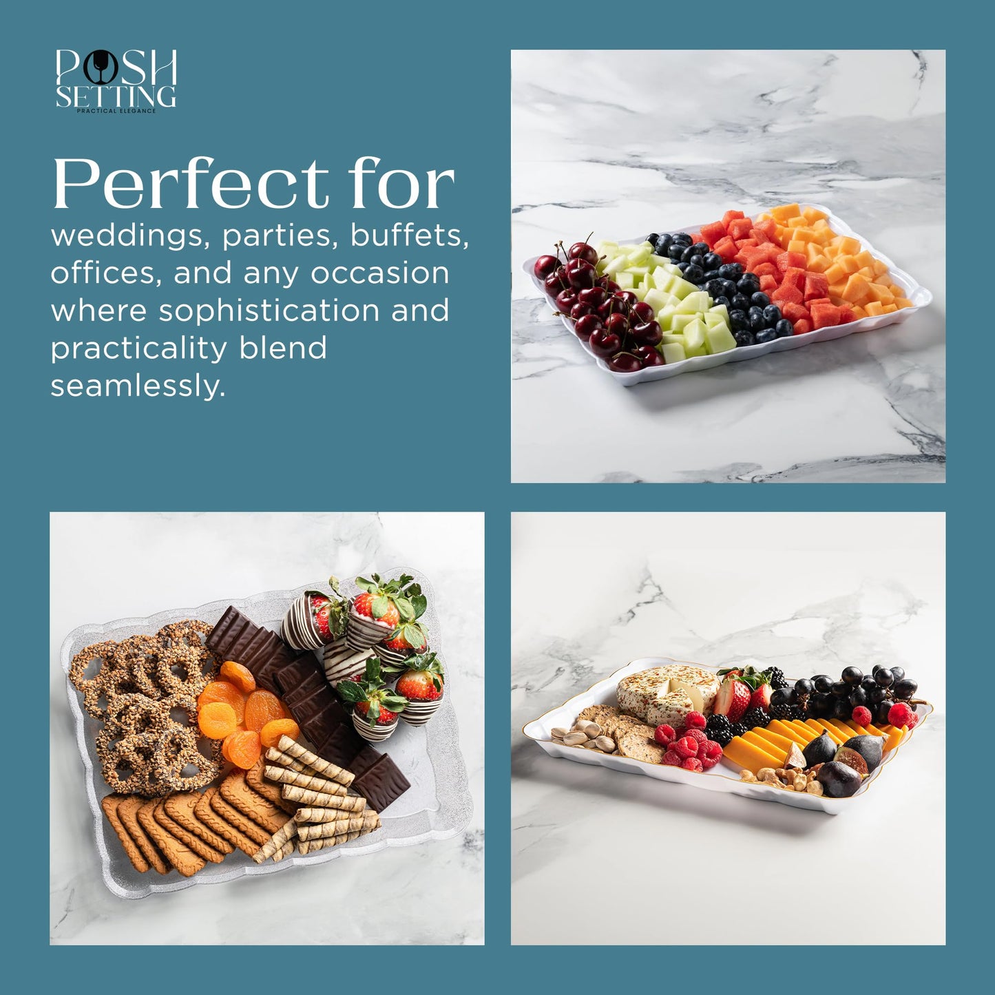 Posh Setting - Plastic Trays for Serving Food, Glitter Gold Serving Trays for Party, Plastic Serving Trays, Serving Dishes for Parties, Plastic Platters & Food Trays for Party, Plastic Serveware-9x13