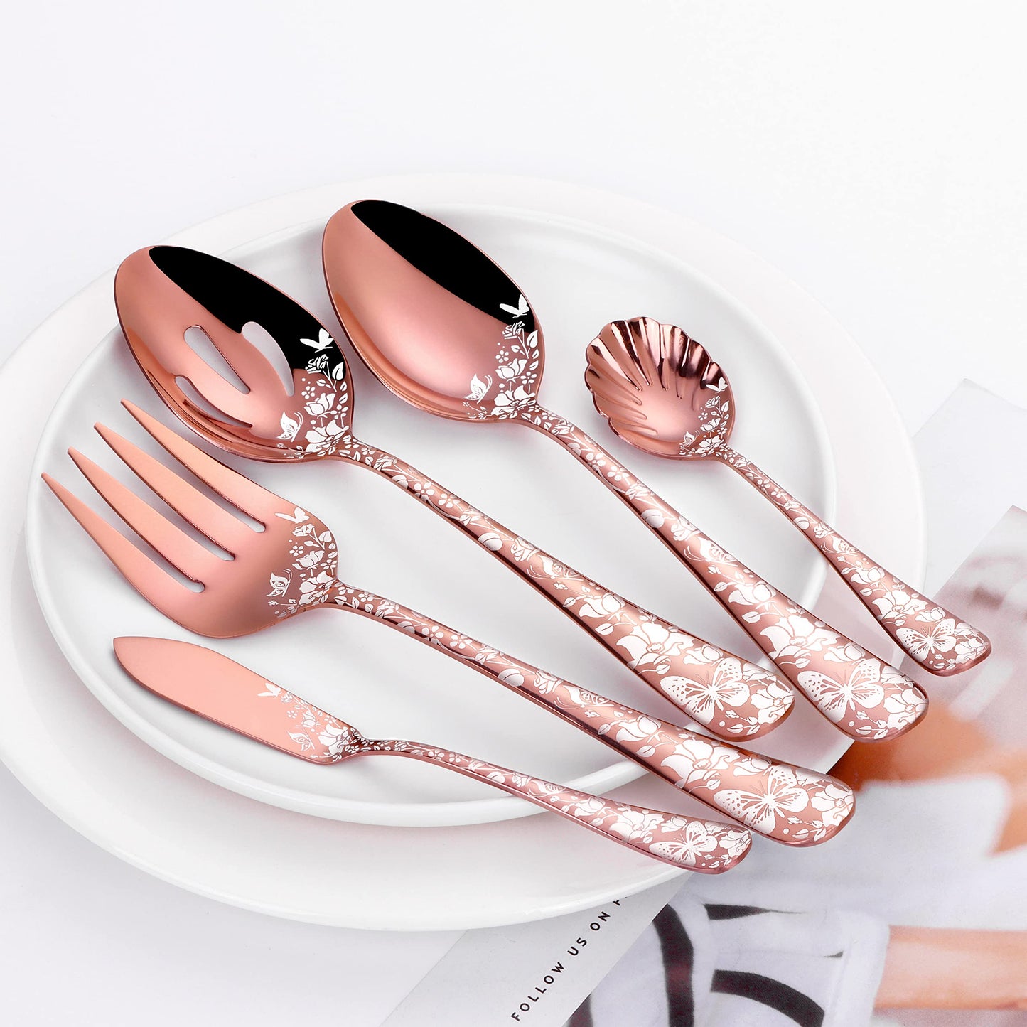 53-Piece Copper Silverware Set with Serving Utensils for 8, Stainless Steel Rose Gold Flatware Cutlery Set, Mirror Eating Utensils Tableware with Butterfly Flower Laser, Dishwasher Safe