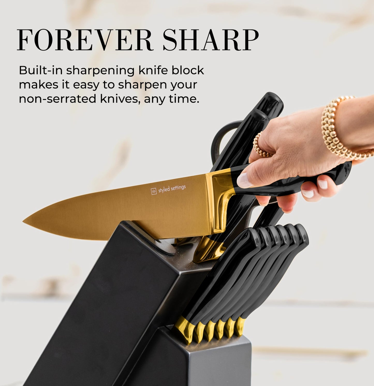 Black and Gold Knife Set with Block and Sharpener – 14-Piece Full Tang Golden Knives with Self-Sharpening Knife Block – Gold Kitchen Accessories for Cooking and Prepping; Ideal for Gifting