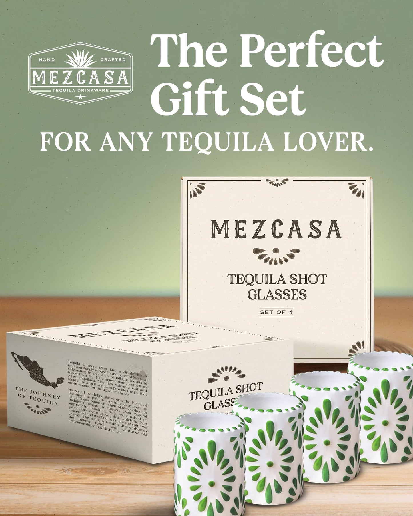 MEZCASA Talavera Shot Glasses — 100% Handmade Ceramic Tequila Shot Glasses with Talavera Mexican Pottery Design — Perfect Tequila Gifts for Women & Men for Any Occasion (GREEN | SET OF 4)