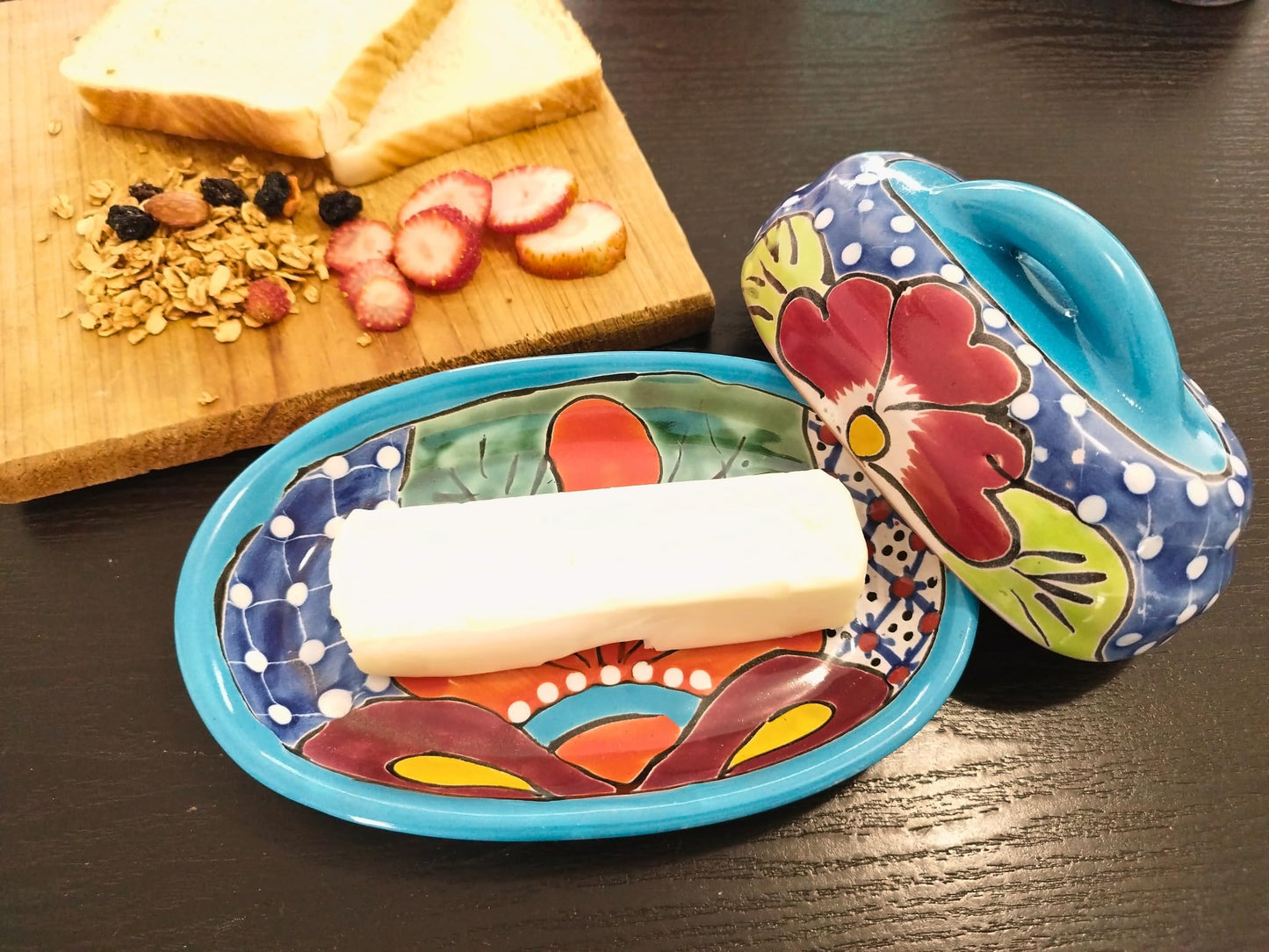 MEXTEQUIL - Butter Dish Ceramic Talavera with Lid Hand Painted Authentic Mexican Pottery Kitchen Floral Design (Aqua)