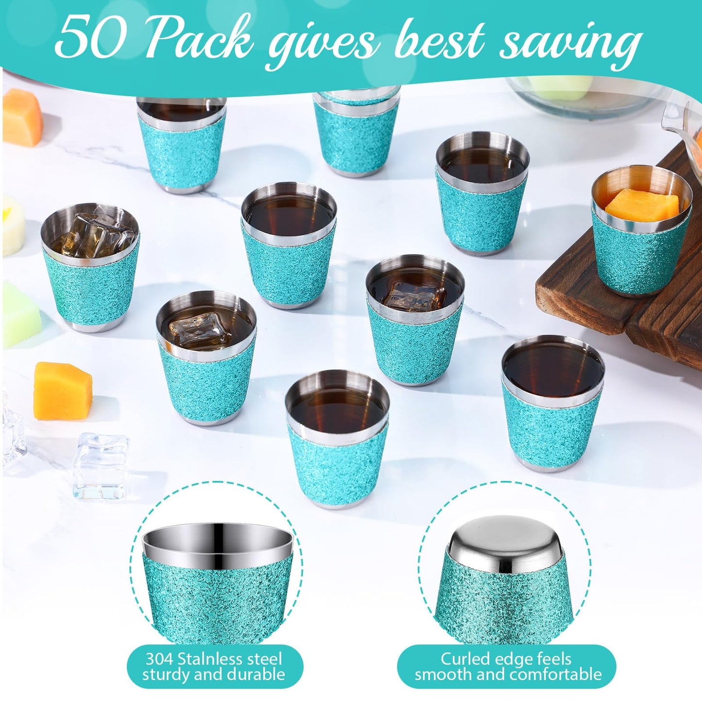 Qinyoung 50 Pcs 1 oz Stainless Steel Shot Glasses Bling Wine Glitter Metal Shot Glasses Bachelorette Wedding Valentine's Party Supplies for Espresso Whiskey Bar(Teal)