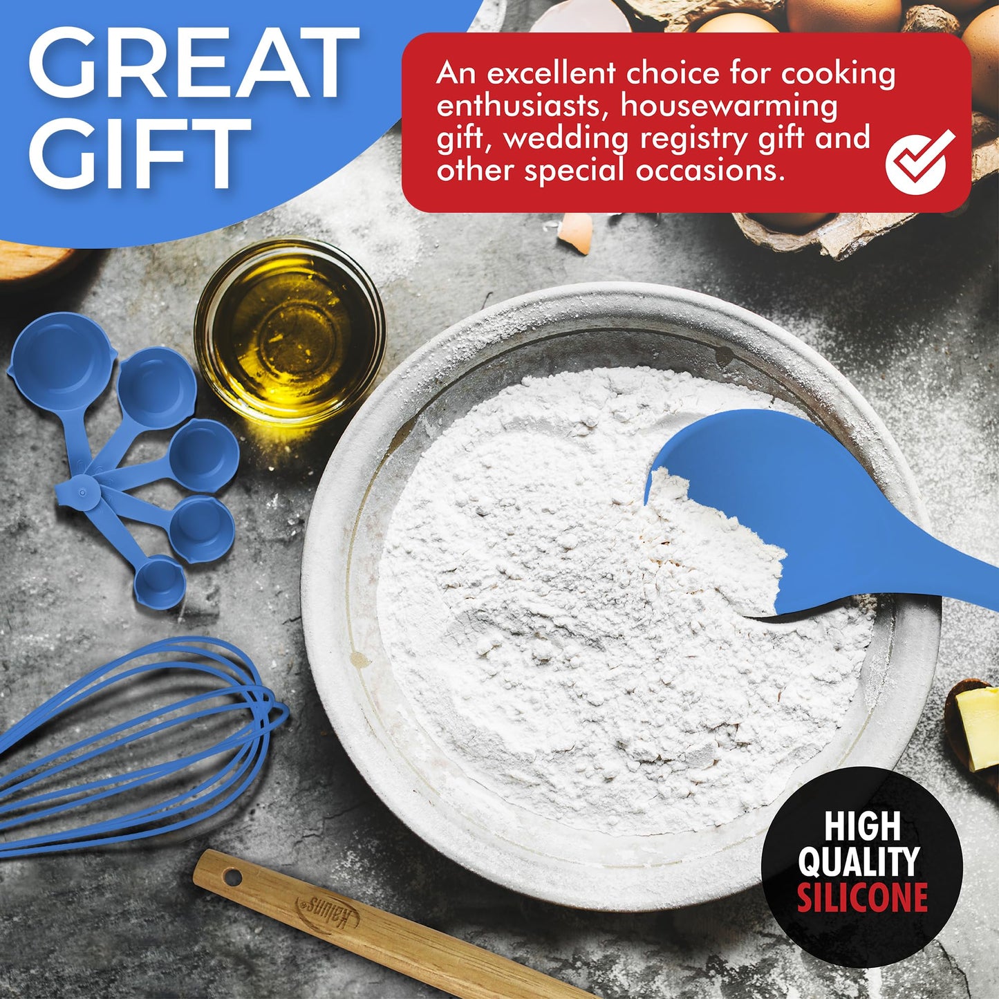 Blue 50-Piece Silicone Kitchen Utensils Set - Mothers's Day Gifts for Mom Wife Complete Kitchen Set 800°F Heat-Resistant Non-Stick Premium Silicone Cooking Utensils W Wooden Handles Gifts For Mothers