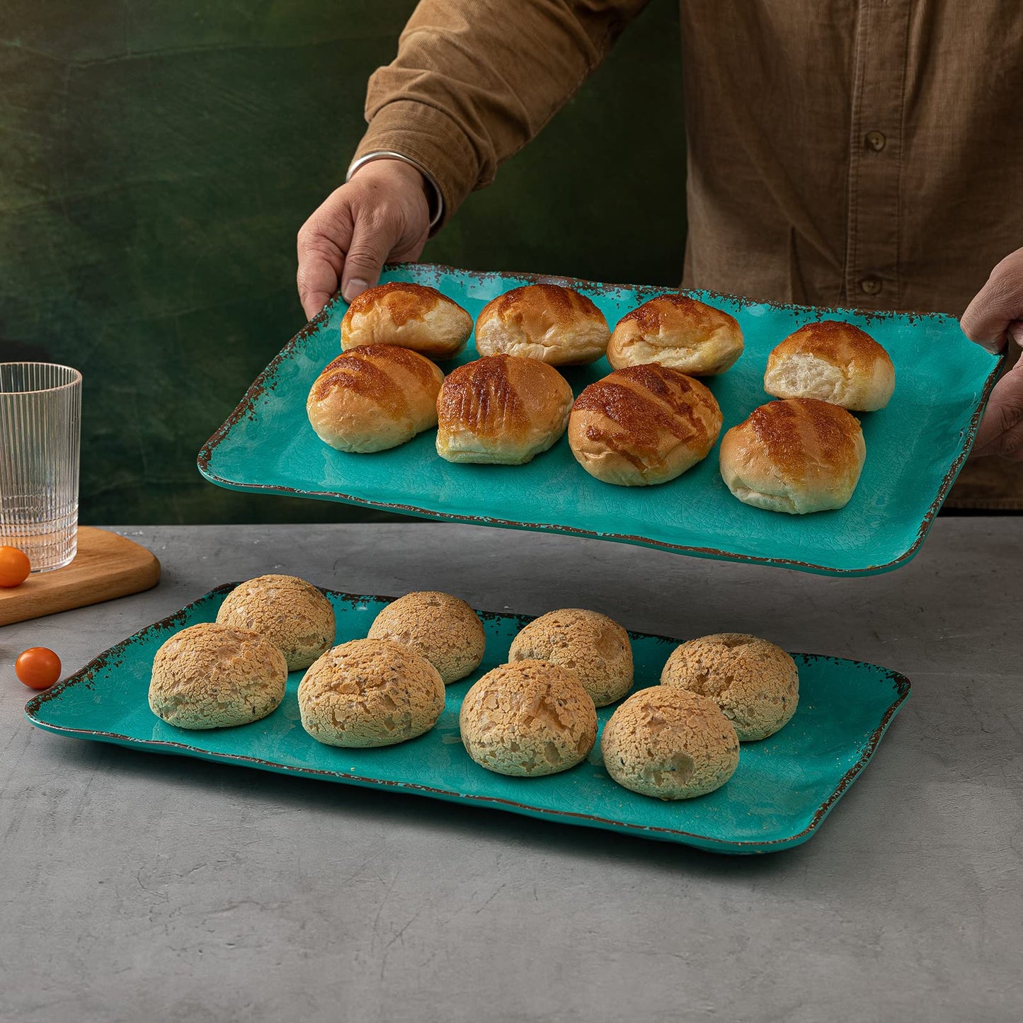 Teal Vintage Trim Melamine Serving Tray Set, Rectangular Large Serving Trays/Platters Set for Serving Food, BPA Free Food Serving Platters and Trays, Set of 2, 17.5"x 10", Teal