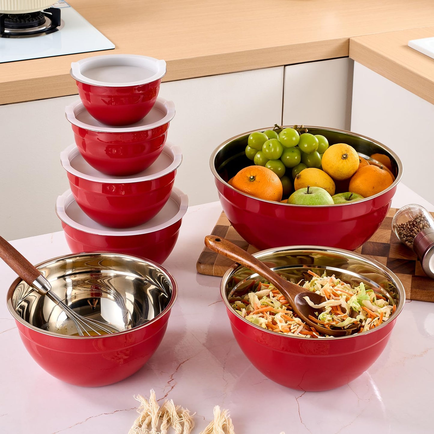 Moxinox Red Mixing Bowls with Airtight Lids, Stainless Steel Nesting Mixing Bowls Set of 7, Ideal for Baking, Prepping and Serving Food, Size 7, 3.6, 2.7, 2.1, 1.5, 1.1,0.8 QT, Stackable Design