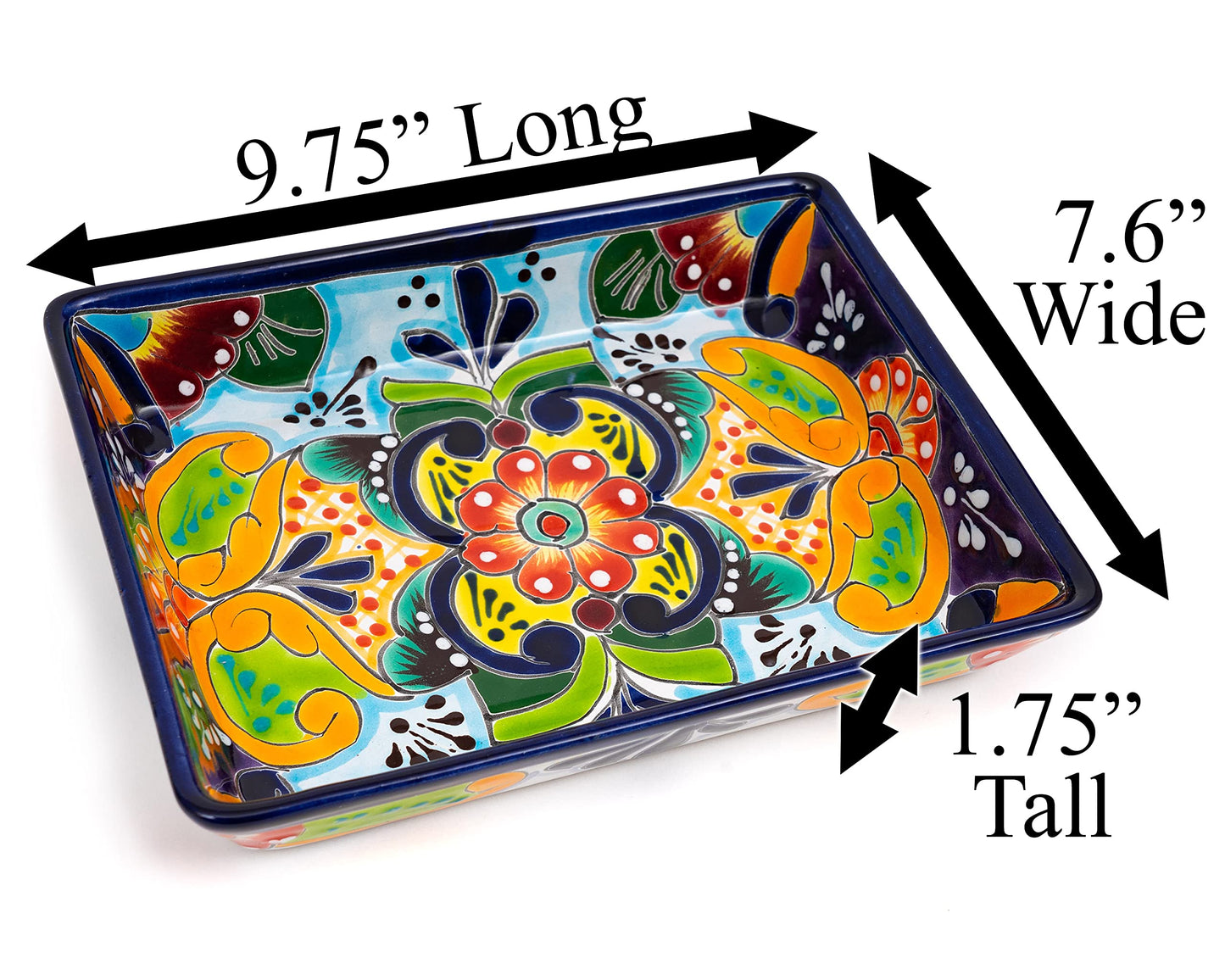 Enchanted Talavera Pottery Hand Painted Ceramic Rectangle Serving Platter Dish Appetizer Plate Tray Food Mexican Floral Pattern Party Fiesta Thanksgiving Jewelry Holder (Medium 9.5 x 7.5 x 1.75)