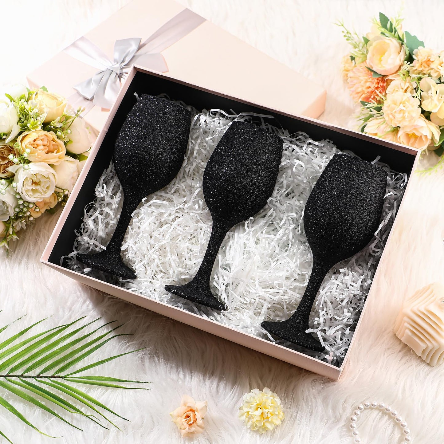 Singhoow Christmas Wine Glasses Set of 12, Glitter Long Stem Wine Glasses 13.5 oz Glitter Glass Wine Cups for Wedding, Anniversary and Home(Black)