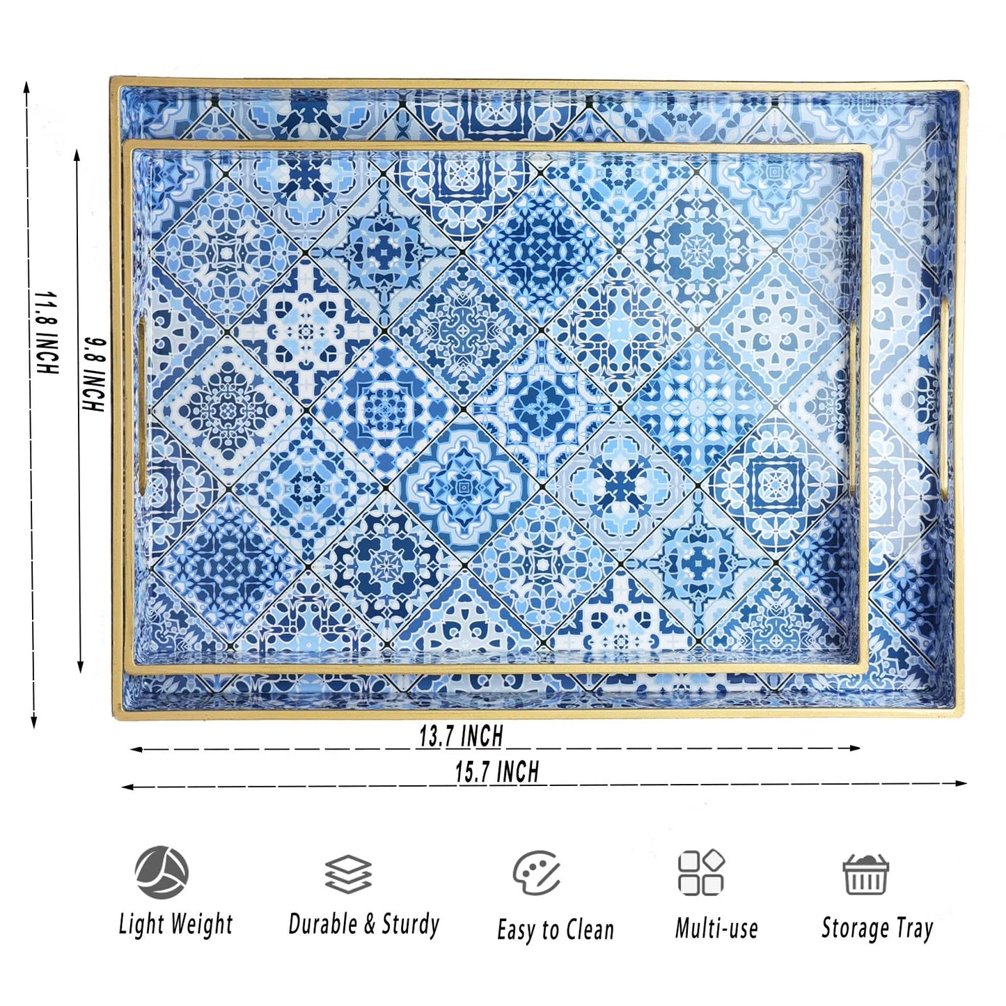 Spsyrine 2-Pack Decorative Plastic Serving Trays with Handles for Living Room, Coffee Table, Ottoman, Bathroom, Kitchen, Large 15.7”*11.8”*1.6", Small 13.7"*9.8", Boho Blue