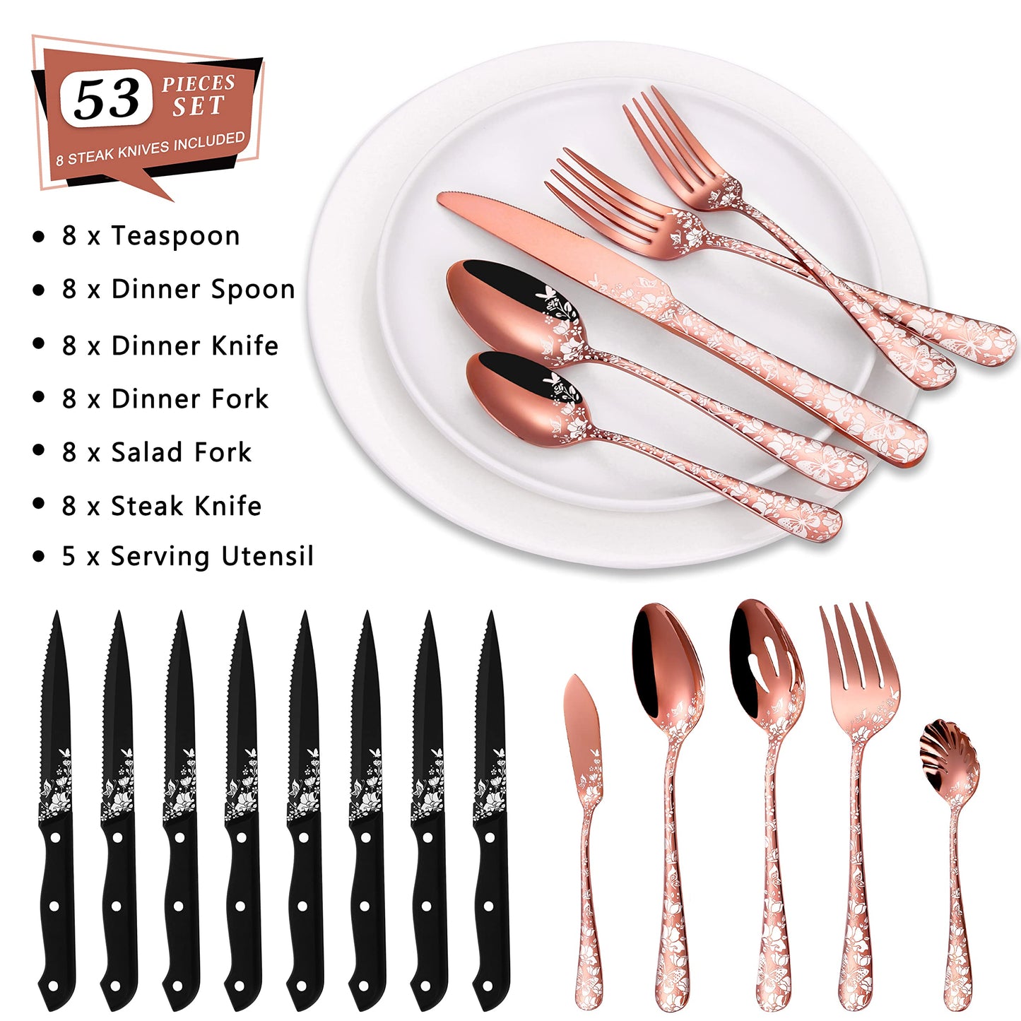53-Piece Copper Silverware Set with Serving Utensils for 8, Stainless Steel Rose Gold Flatware Cutlery Set, Mirror Eating Utensils Tableware with Butterfly Flower Laser, Dishwasher Safe