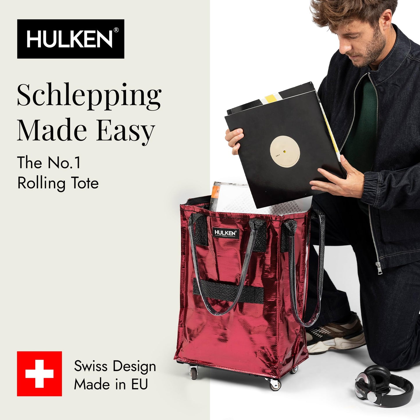 HULKEN (Small, Cosmic Red) Reusable Grocery Bag On Wheels, Shopping Trolley, Rolling Tote, Zipper Closure, Lightweight, Carries Up to 66 lb, Folds Flat