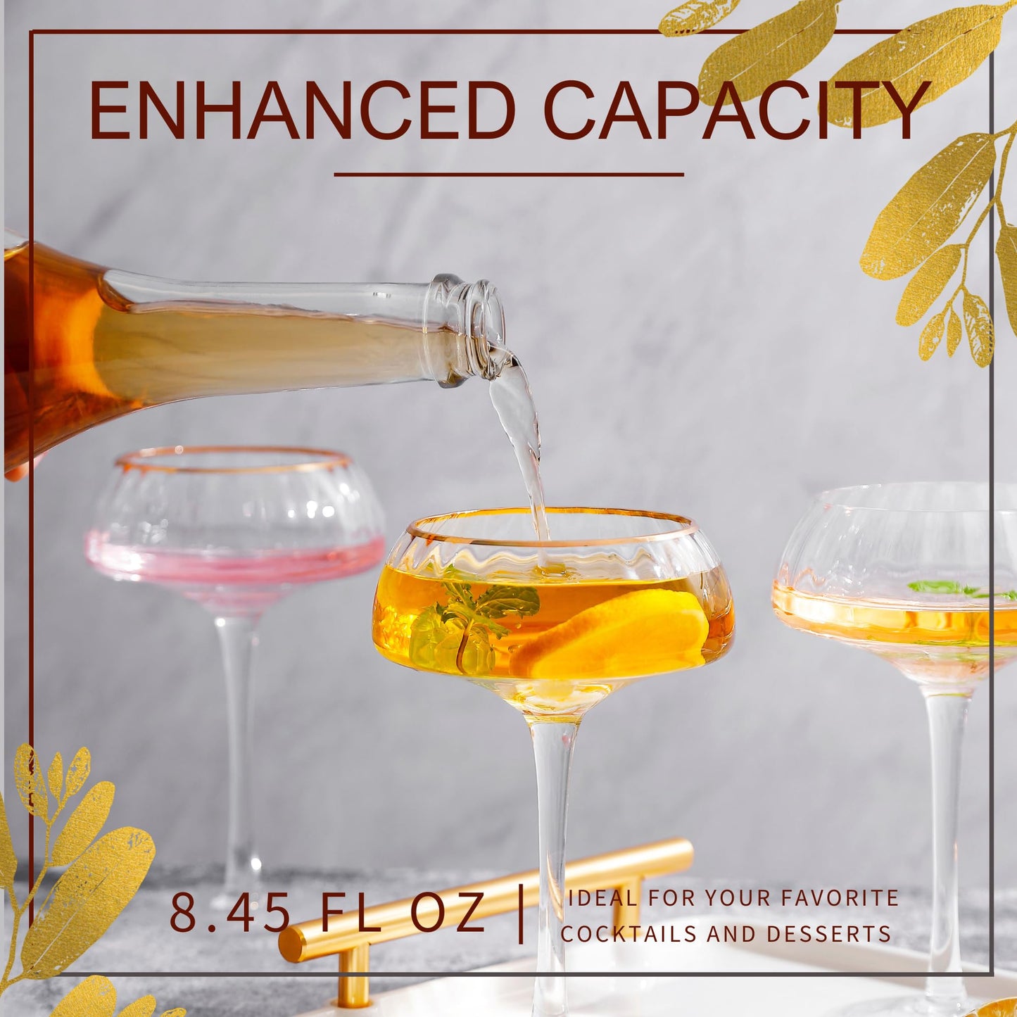 Lysenn Coupe Glasses Set of 4 - Premium Hand Blown Martini Glasses - Perfect for Cocktail and Champagne – 8.45 oz, Gold Rim