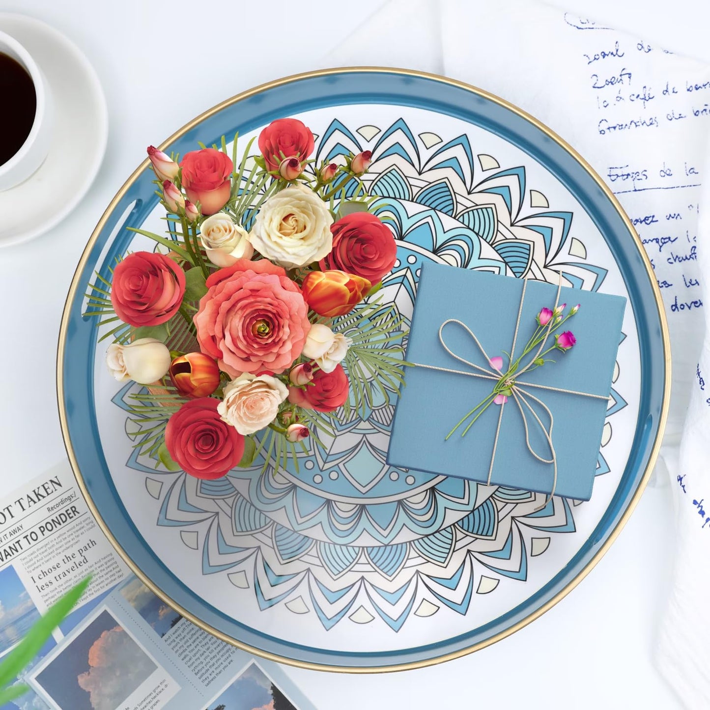 Round Cyan Decorative Tray for Coffee Table, Ottoman, 13” Plastic Serving Platter Tray with Handles for Entertaining, Living Room