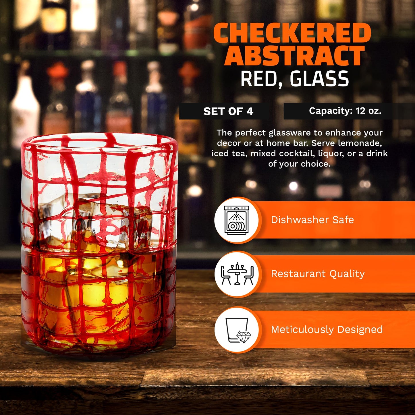 IMPULSE! Checkered Abstract Red Drinking Glasses Set of 4 - Classic Old Fashioned, Negroni, Scotch, Mixed Cocktails - Versatile for Soft Drinks - Dishwasher Safe - Drinkware Glasses Set