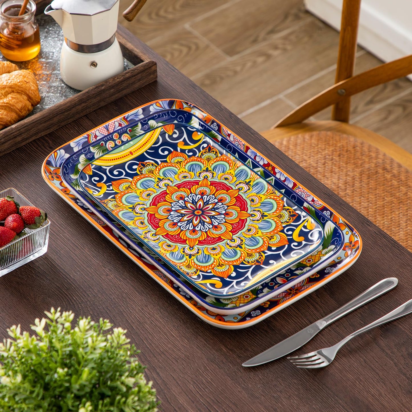 Set of 3 Colorful Bohemian Serving Platters, 16"/14"/12" Inch Rectangular Trays - Serving Platter Extra Large, Bohemian Ceramic Serving Dish for Entertaining Food, Microwave & Dishwasher Safe, Colorful