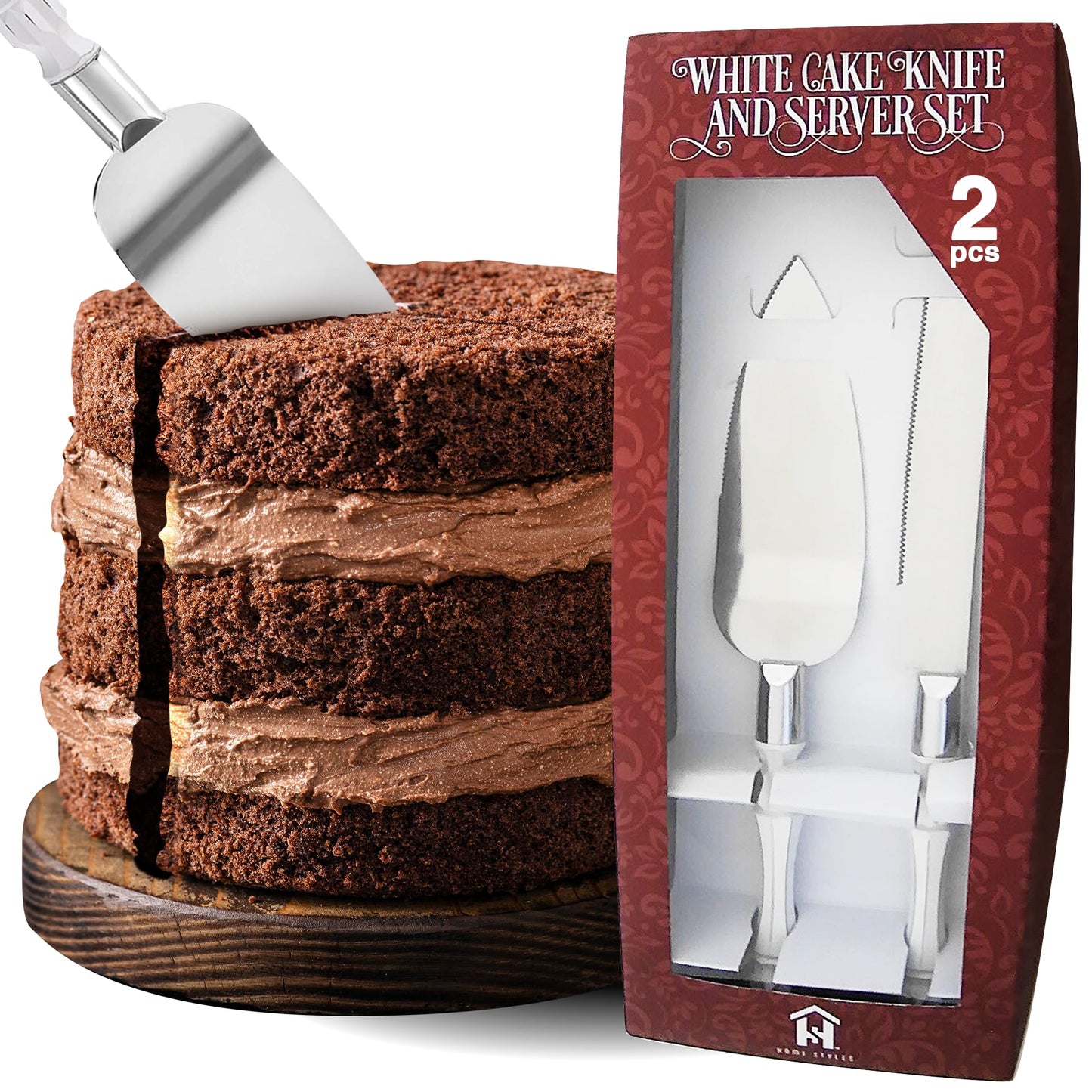 Homi Styles White Elegant Cake Knife and Server Set, Cake Cutter and Pie Spatula, Cake Server and Knife Set of 2 with Thick Blades, Rustic Wedding Cake Cutting Set, Birthdays, Anniversaries, Parties